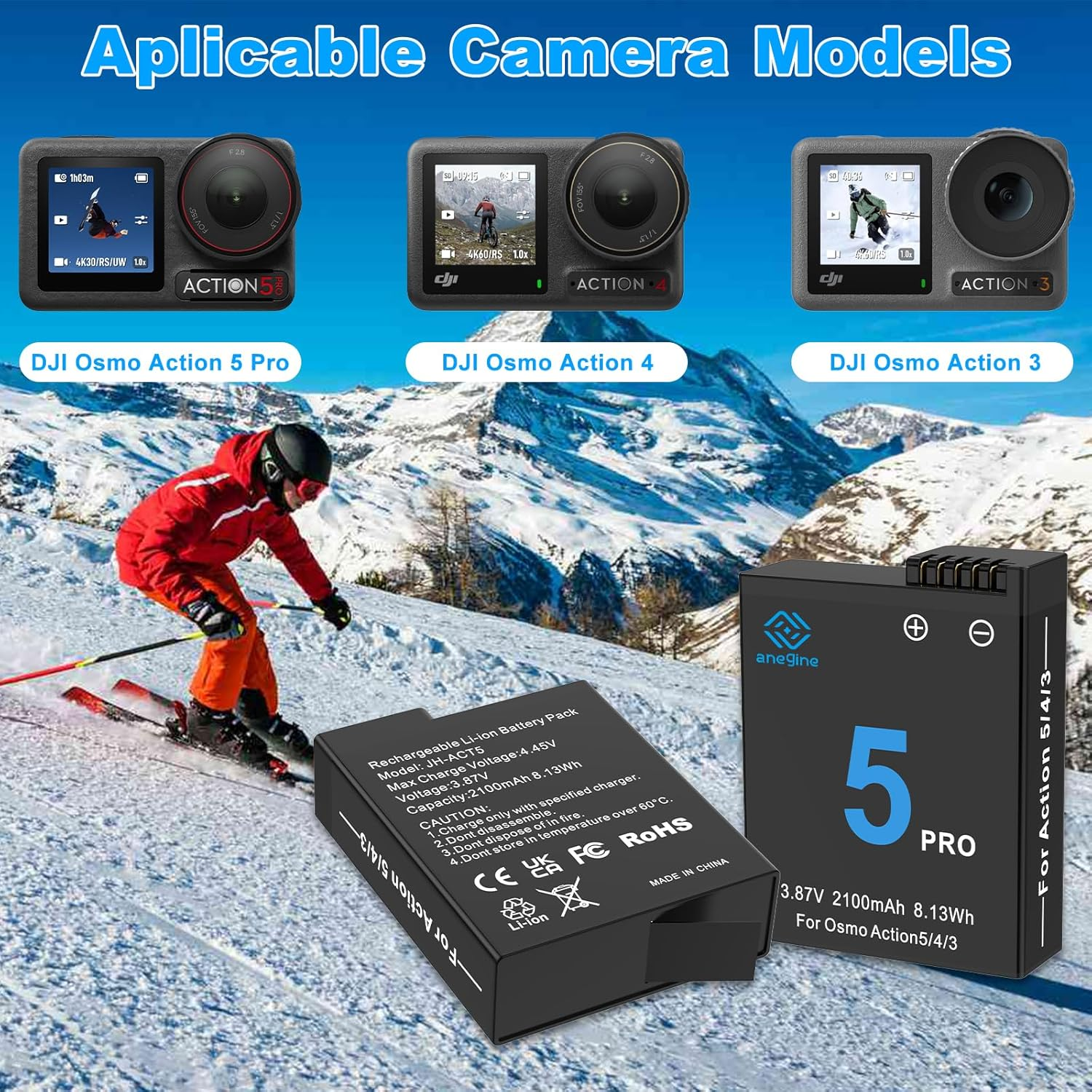 Osmo Action 5 Pro 4 3 Battery 1800Mah and Dual Charging USB LED Charger Kit for DJI Osmo Action 5 Pro/Dji Osmo Action 4 / DJI Osmo Action 3 (2-Pack) image number 5