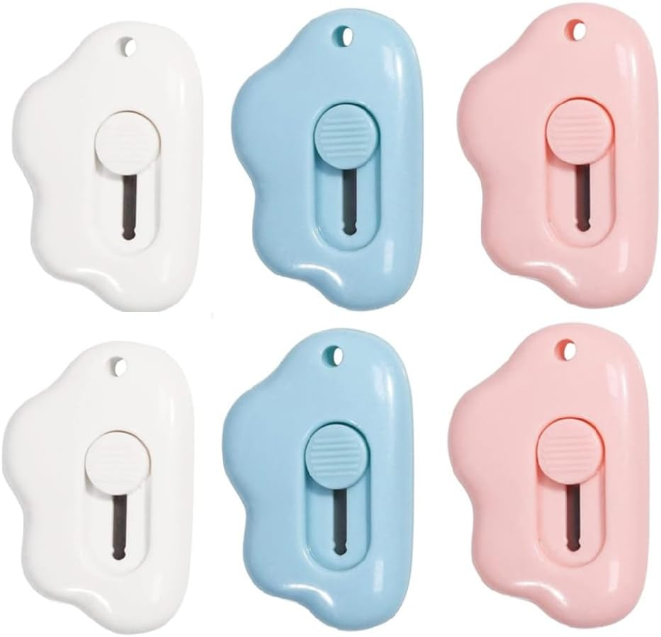 Small Box Cutter, 6 Pcs Cloud Shape Mini Safety Blade Box Opener, Retractable Utility Knife for Card, Parcels and Wrapping Paper (Pink+Blue+White)
