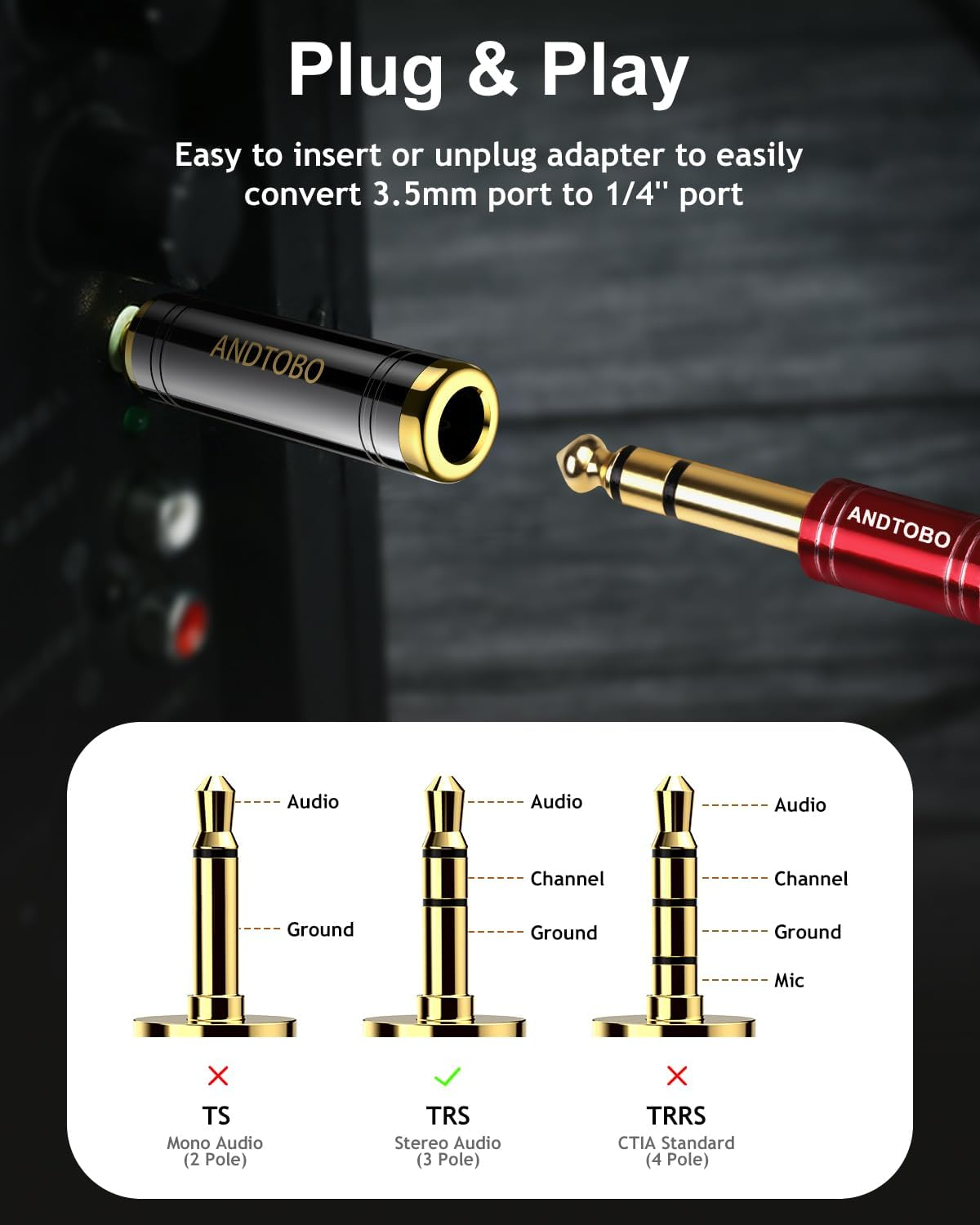 ANDTOBO 1/4'' to 3.5Mm Stereo Pure Copper Headphone Adapter, 3.5Mm(1/8'') Plug Male to 6.35Mm (1/4'') Jack Female Stereo Adapter for Headphone, Amp Adapte, Black 2-Pack image number 2