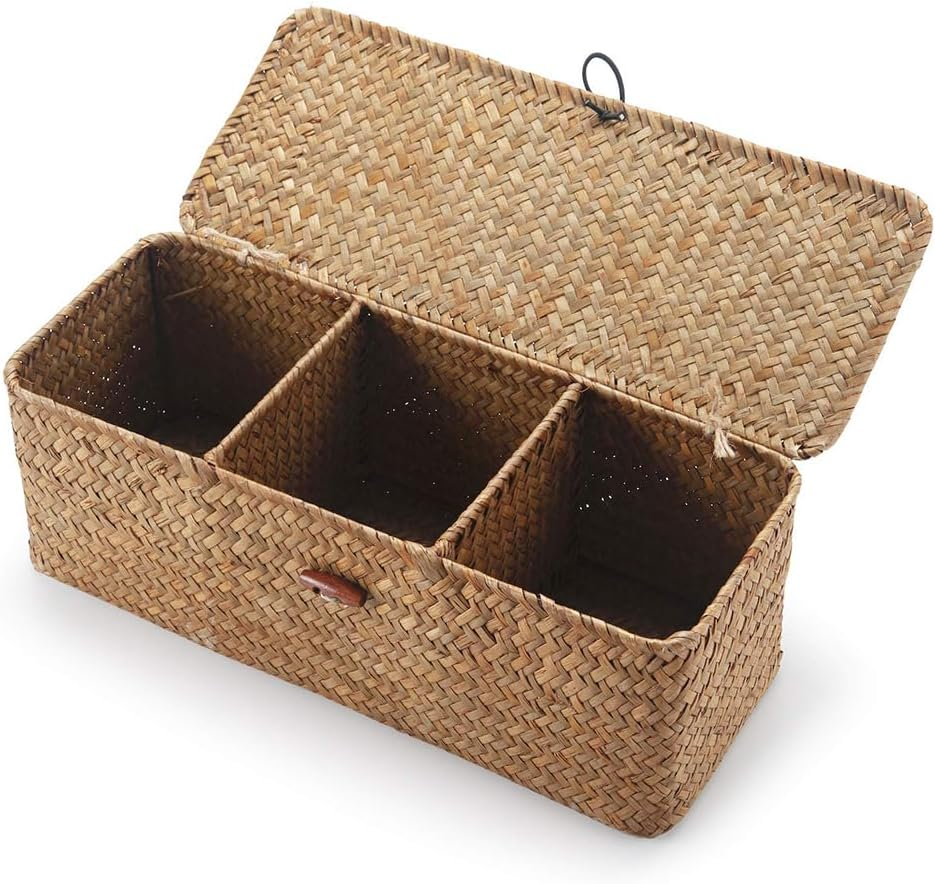Seagrass Tank Basket with Lid Woven Toilet Roll Storage Basket with Sections Rectangular for Organize Snack Toys, Large Compartment, 16.5X4.7X4.3Inch