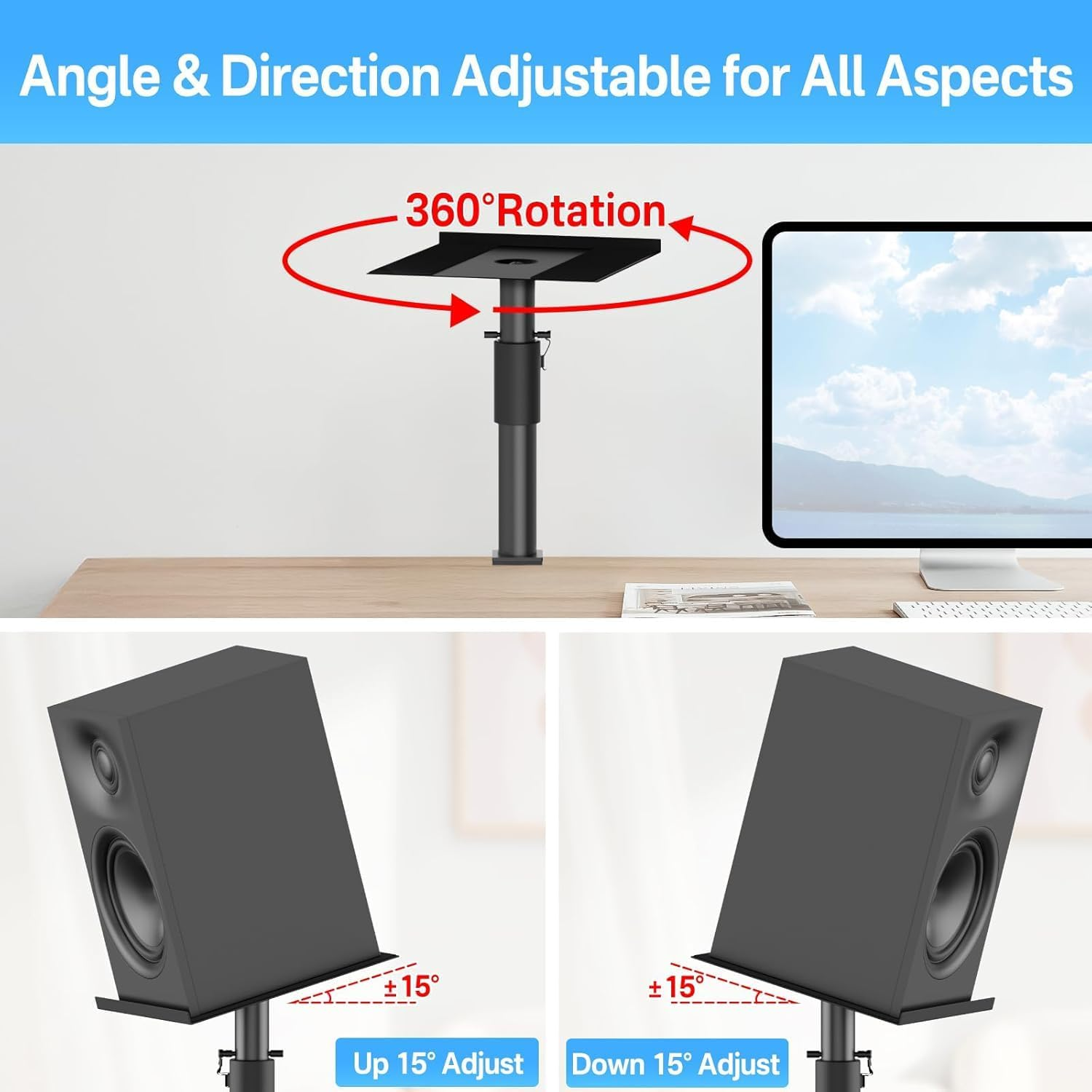 Desktop Speaker Stands, One Pair, for Studio Monitor Speaker Stands, Adjustable Height, 30 Lbs, 10 Degrees Tilt, Desk Clamp Stand (Black) image number 5