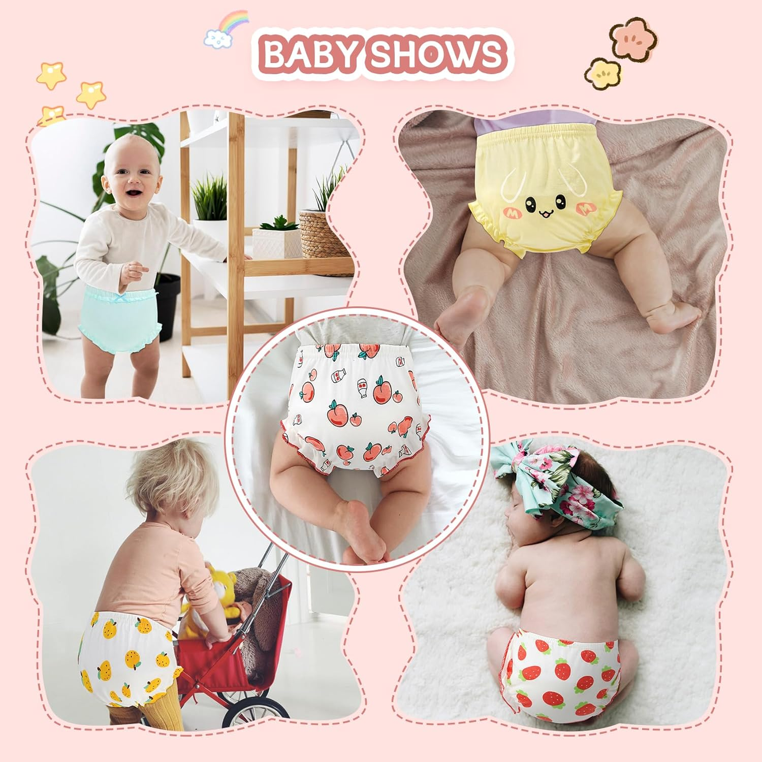 Durio 4-Pack Diaper Covers for Girls Ruffle Baby Bloomers for Baby Girls Cute Pattern Baby Underwear Cotton Toddler Bloomers