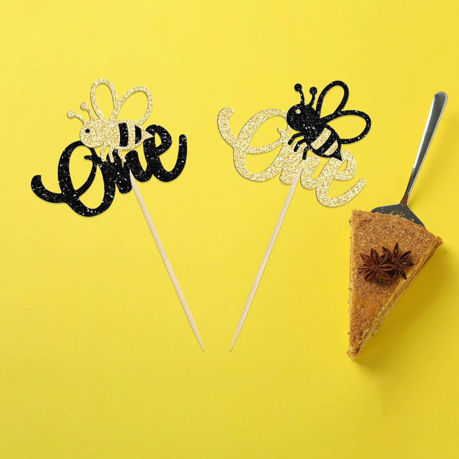24Pcs Bumble Bee One Cupcake Toppers Glitter 1St Birthday Party Cupcake Picks Decorations for Bee Theme Baby Shower Kids First Birthday Party Supplies image number 3