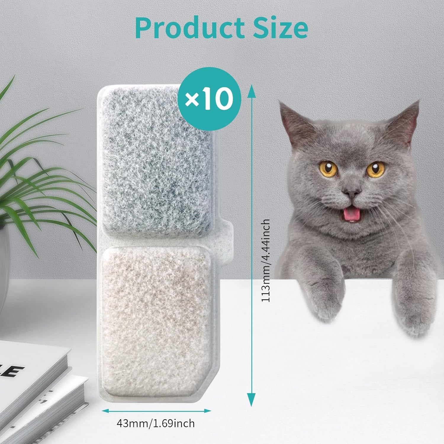Hevysuo Pack of 10 Filter for Cat Fountain with Resin, Cotton Layer and Activated Carbon, Triple Filter Replacement Filters Suitable for 3.2 L Cats and Dogs Filter for Drinking Fountain, 4.4 X 1.6 image number 1