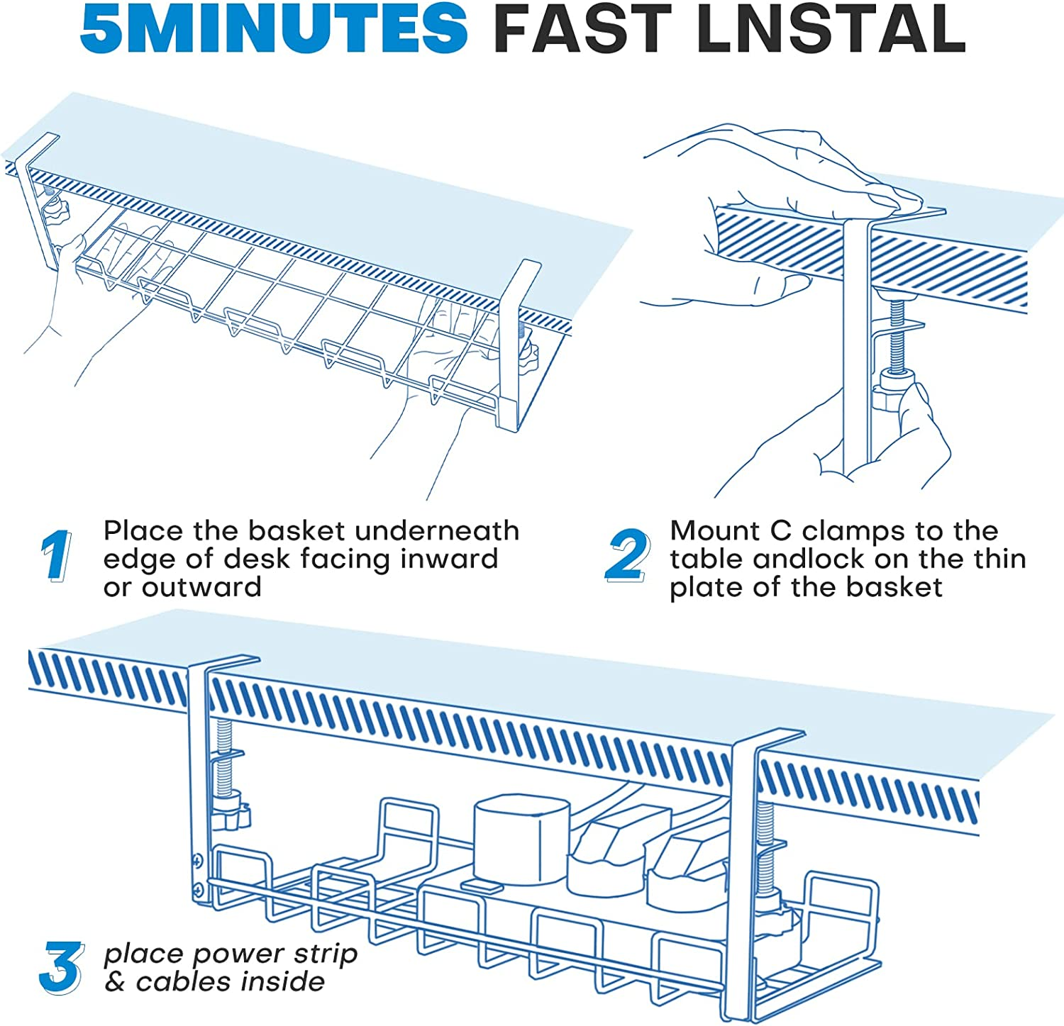 Under Desk Cable Management Tray - 2 Pack Metal Racks for Wire Organizer, Sturdy Basket for Office and Home Standing Desk, No Drilling image number 4