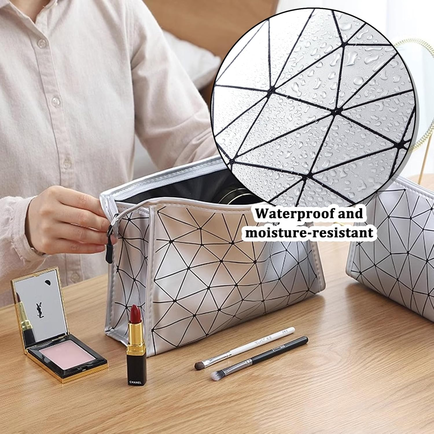 BSITSSS 2 PCS Makeup Bag, Sliver Geometric Cosmetics Bag, Small and Large Make up Bags with Zippers Toiletry Bags Pouches for Women Girls Traveling Makup Beauty