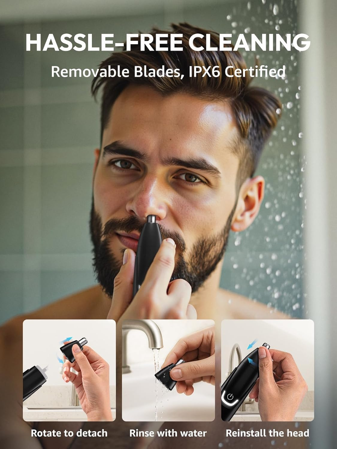 MANSPOT Nose & Ear Hair Trimmer for Men &ndash; Painless Nose Hair Trimmer Rechargeable with 8000-RPM Powerful Motor, Dual-Edge Blades, IPX6 Waterproof, USB-C Charging, 90Min Runtime & Detachable Head