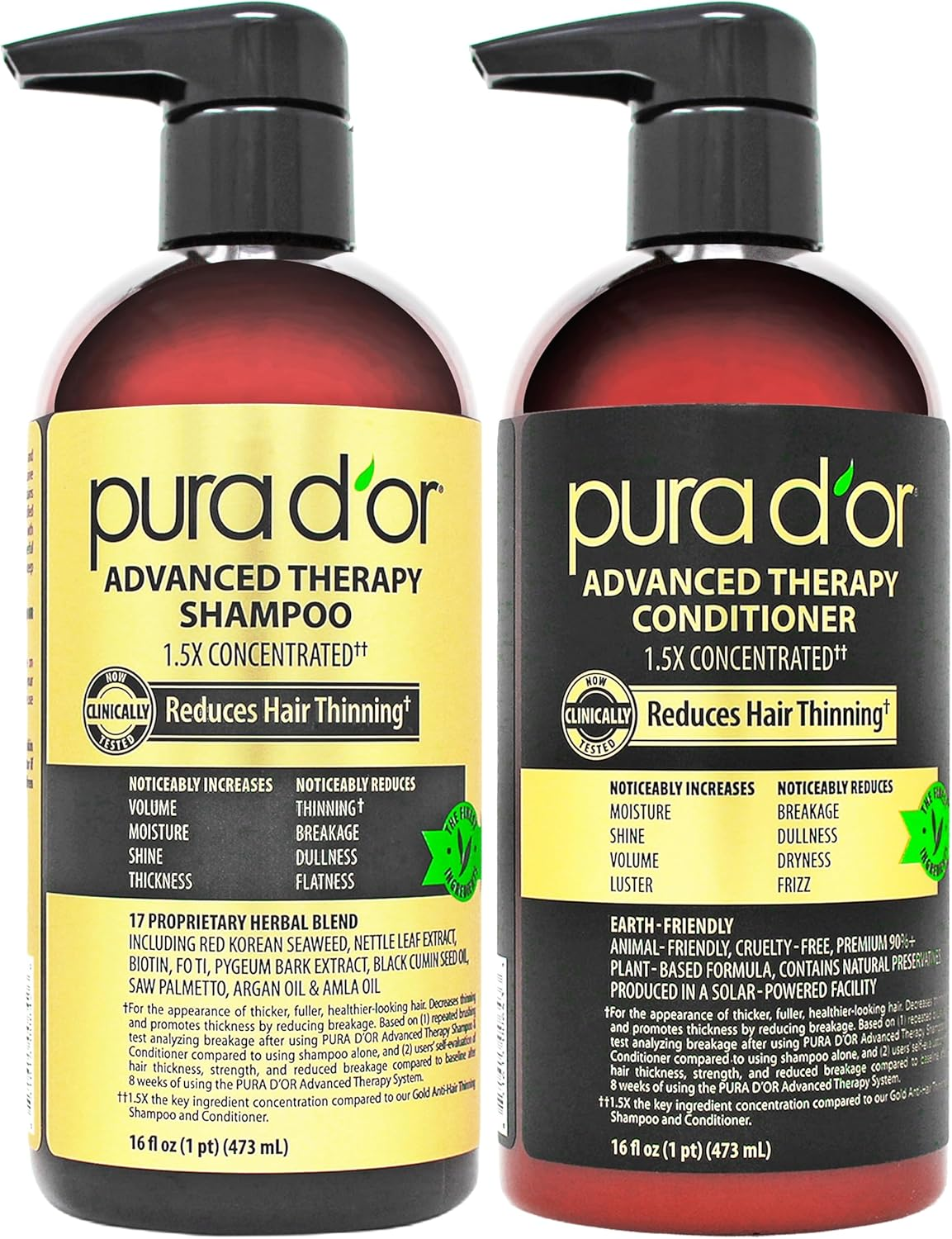 PURA D'OR Advanced Therapy Biotin Shampoo & Conditioner Hair Care Set for Hair Thinning, CLINICALLY TESTED Effective Results, DHT Blocker Hair Thickening Products for Women & Men, 16Oz X2