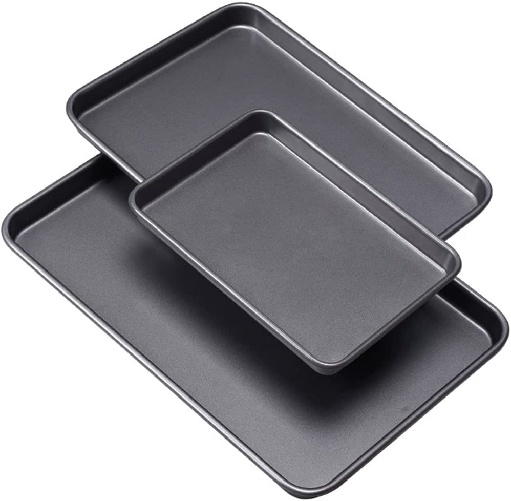 Nonstick Bakeware Set Cookie Pan Sheet Baking Tray Set, 3 Piece Easy Clean Dishwasher Safe Non-Stick Bakeware Sheet for Oven - Thick Heavy Duty Carbon Steel (3 Pack) (Grey) image number 2