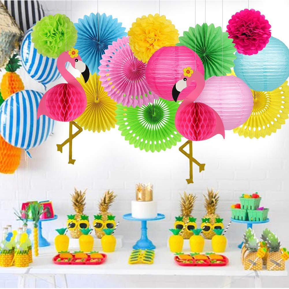 Zilue Flamingo Party Decorations Hawaiian Party Supplies Flamingo Honeycomb Ball Paper Lanterns Tissue Paper Fan for Luau Tropical Birthday Party Summer Decor image number 1