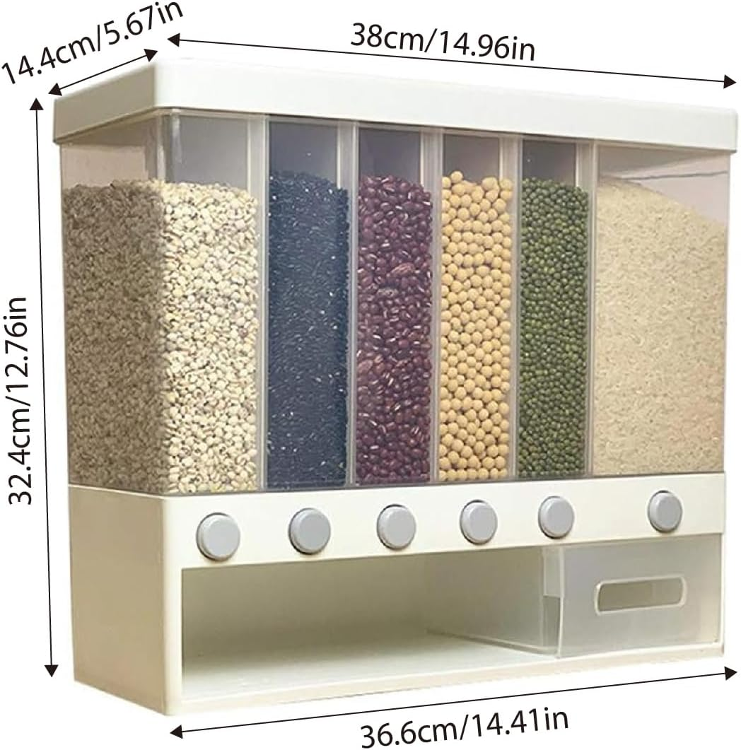 AIMALL Wall-Mounted Grain Storage Barrel with 6 Compartments &ndash; Plastic Rice Container with Automatic Metering, Sealed Tank for Cereal and Grains image number 2