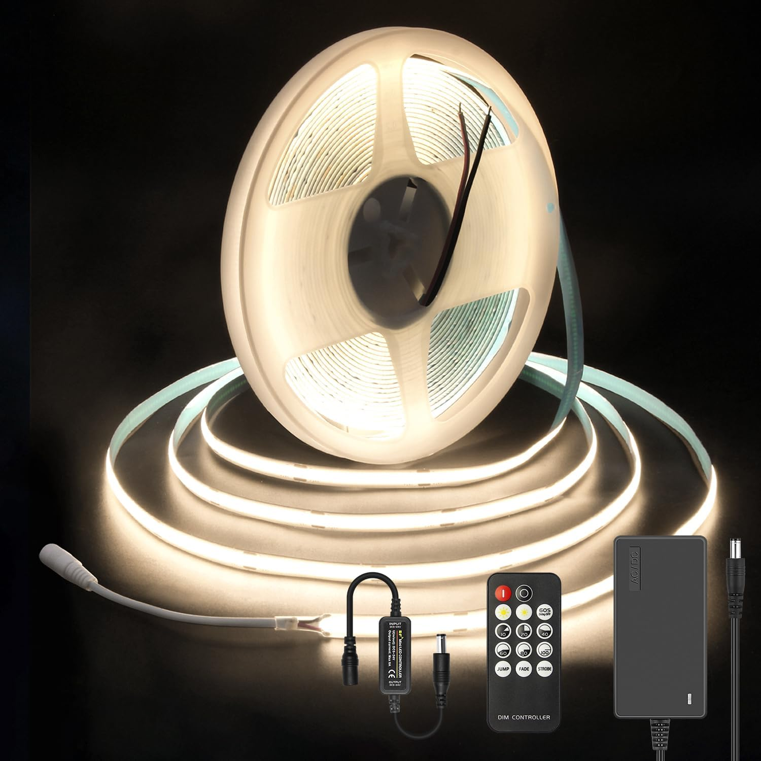 ALITOVE 10M COB LED Strip Lights Kit with Dimmer and Power Adapter Warm White 3000K Uniform Glow 320Leds/M LED Tape Light Flexible LED Lights for Bedroom Home Cabinet Indoor Decoration(Au Plug)