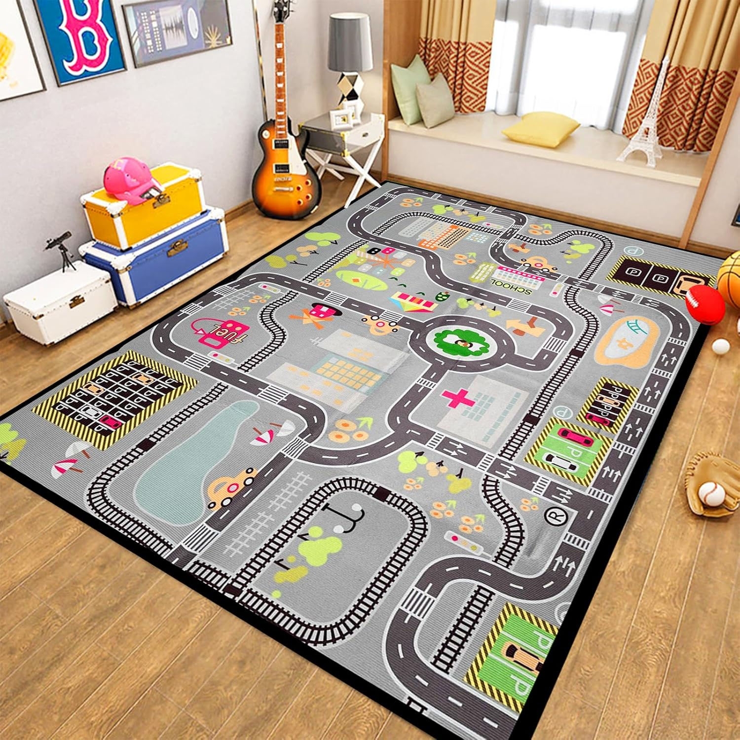 Kids Play Rug Carpet Town City Industrial Farm Road Car Mat 160X120Cm Kid Playmat Exercise Mat Learning Educational Area Rug for Children Boy Girl Kids Toddler Bedroom Playroom (Style F, 120X160Cm)