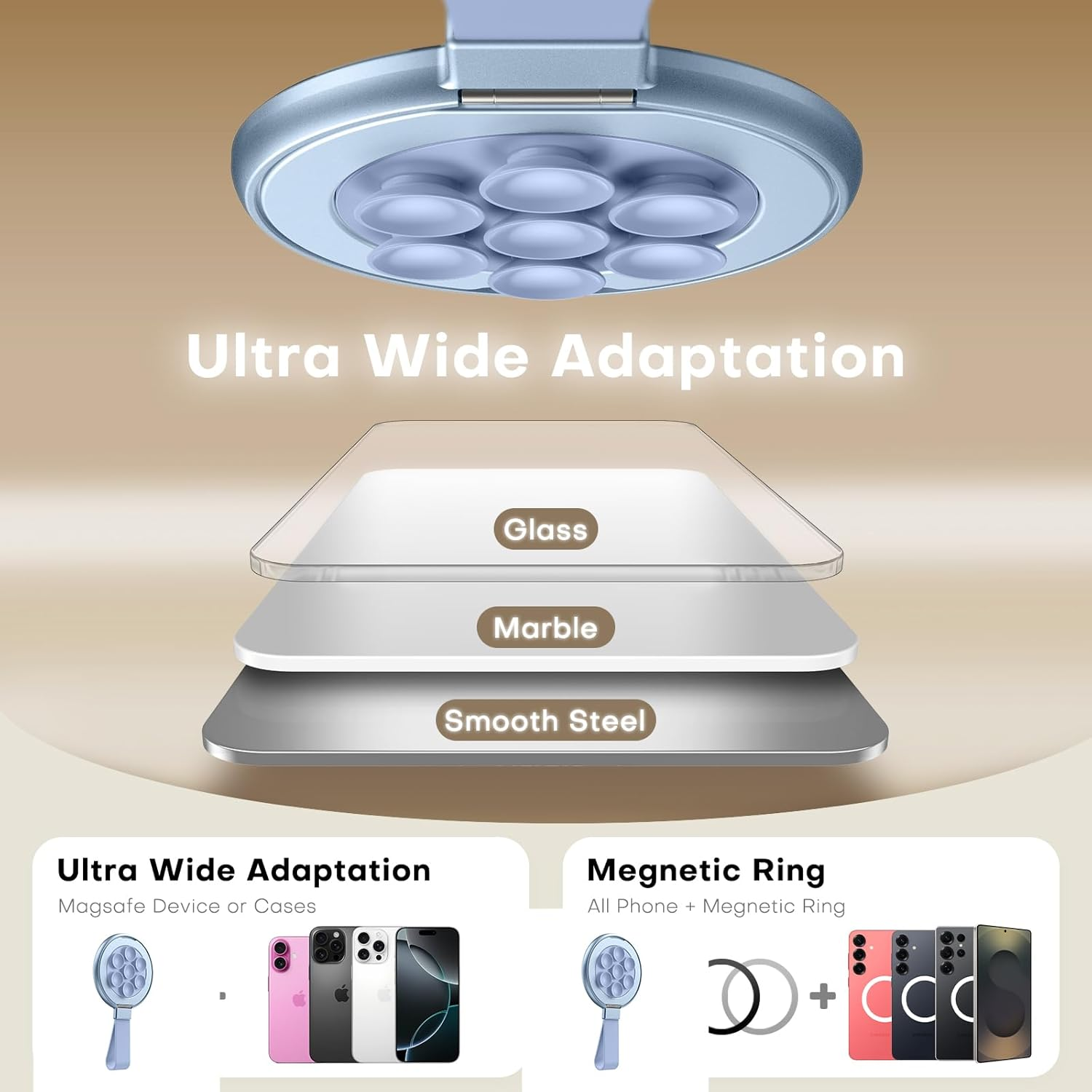 TAURI Magnetic Phone Grip Accessories Holder with Stand, Compatible with Magsafe, Double-Side Design, Silicone Back Suction Cup for Glass and Smooth Surface, Hands-Free for Selfies and Videos - Sky - Sky image number 2