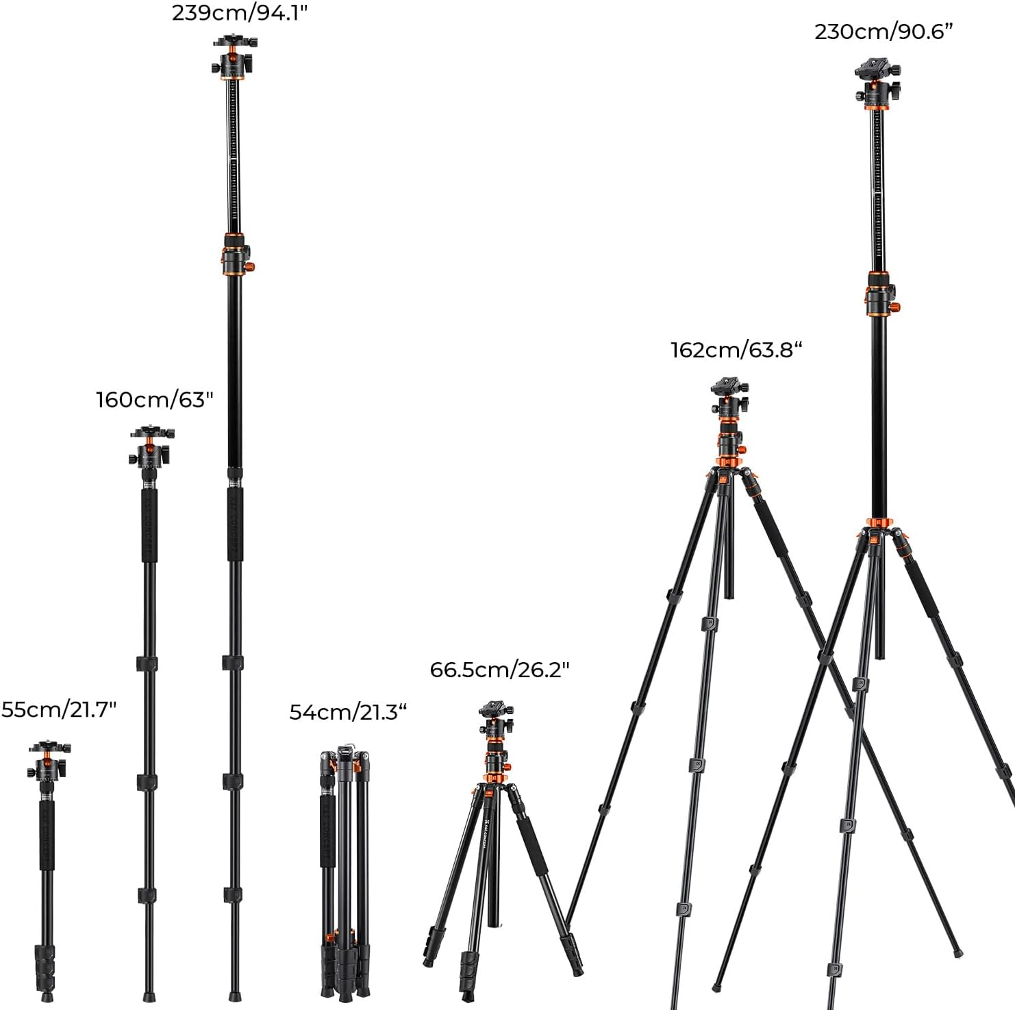 K&F Concept 90 Inch/230Cm Ultra High Camera Tripod,Horizontal Overhead Shooting Travel Tripod,Detachable Monopod with Metal Ball Head 10KG Load Capacity, for Indoor and Outdoor Use T254A7+BH-28L image number 3
