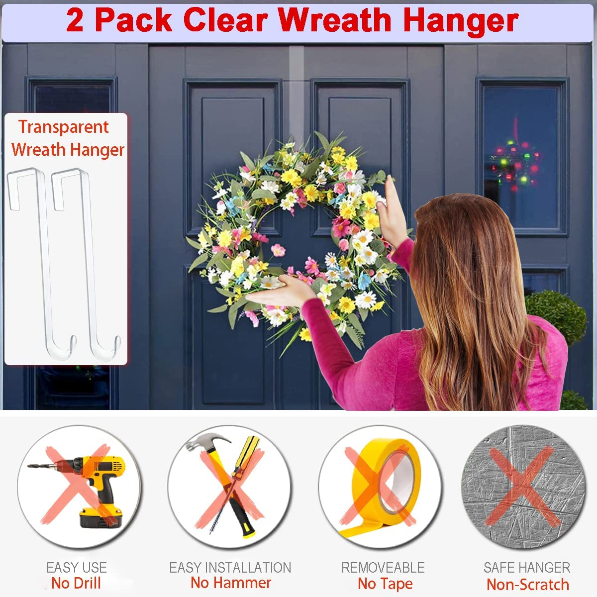 Biorshar Wreath Hanger,12~'' Clear Hooks for Front Door,2 Pack over the Door Easter Christmas Decoration Hangers Fall Halloween Wreaths Holder,Non Scratch D&eacute;cor Welcome Sign image number 3