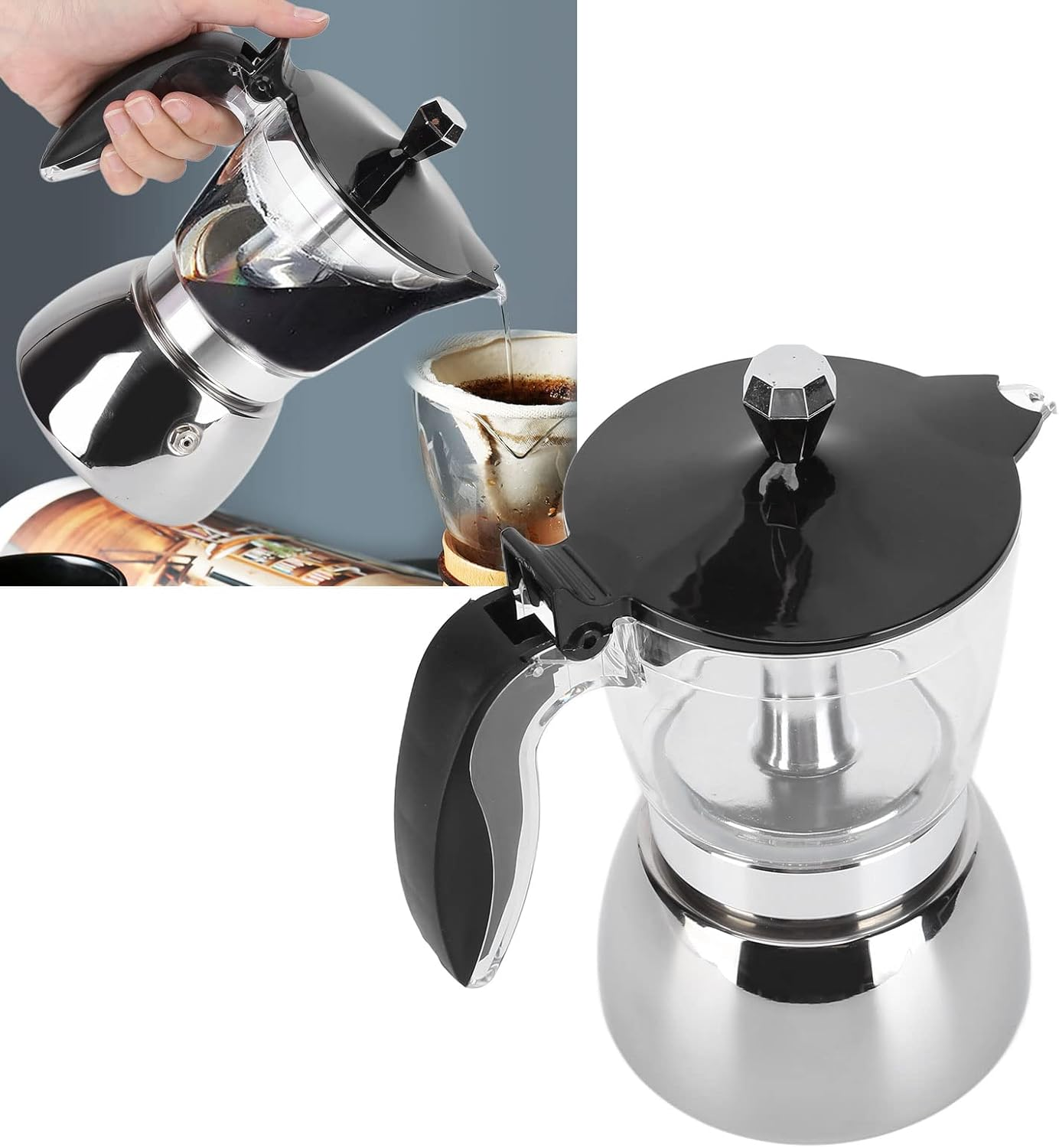 6 Cups Stainless Steel Coffee Pot,Moka Pot Premium Crystal Glass Top Stovetop Moka Pot,Italian Octagonal Household Moka Pot image number 4