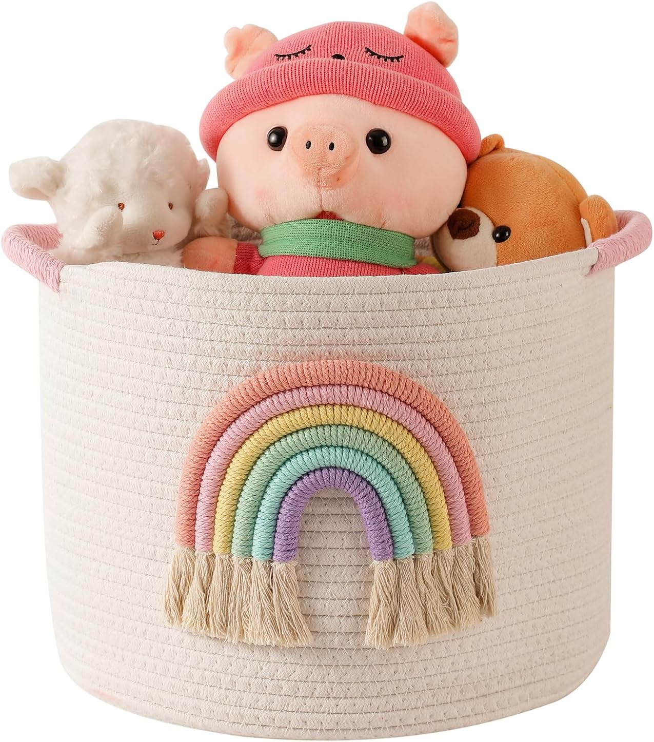 Inough Toy Storage Baskets Woven Cotton Rope Storage Basket with Rainbow Decor for Kids, Blanket Baskets for Living Room Toys Organizer Rainbow Baby Gifts Basket with Handle for Girls Nursery Playroom image number 5