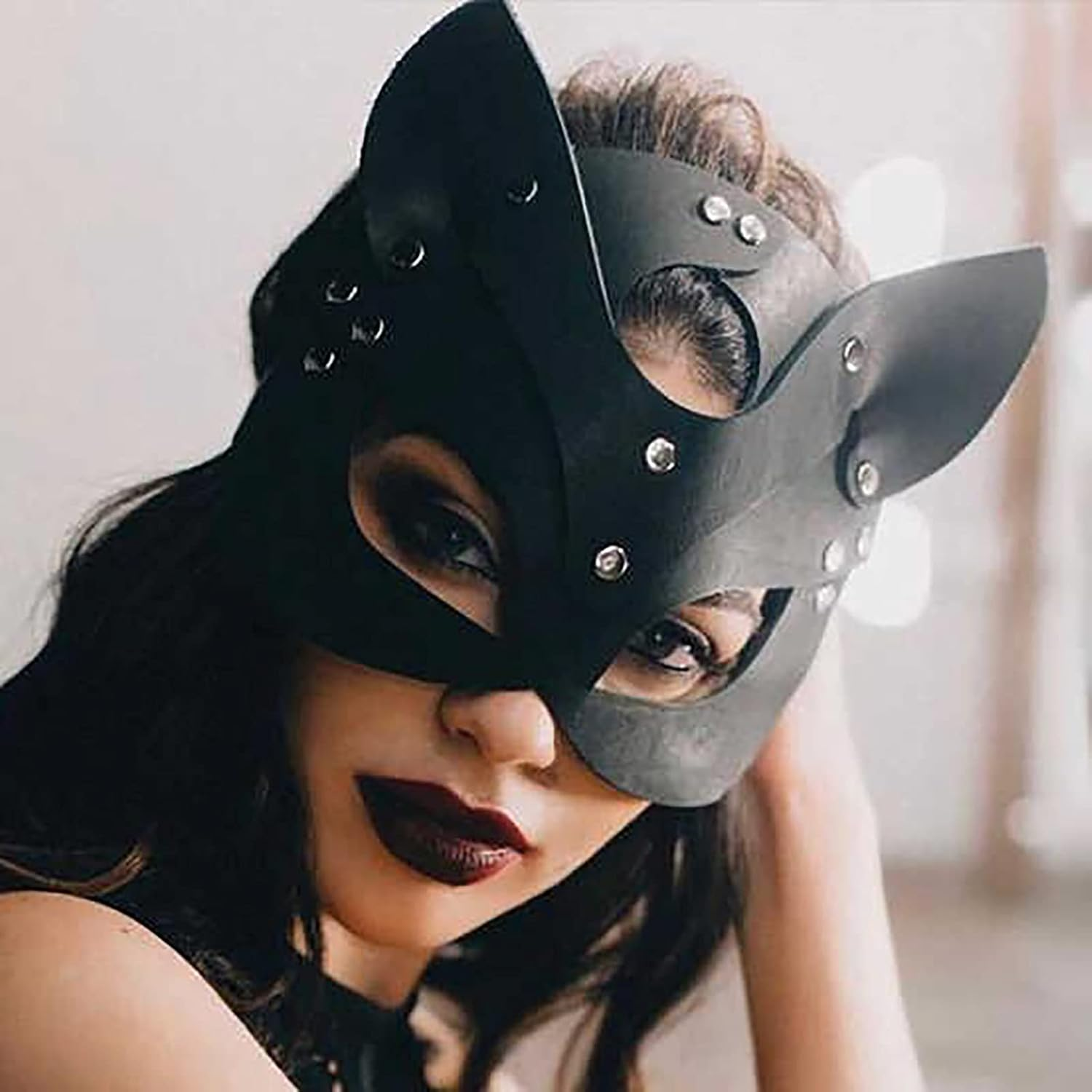 Woman Leather Cat Mask Costume Bunny Fox Masks,Animal Half Face Mask Cosplay Halloween Party Women Ladies