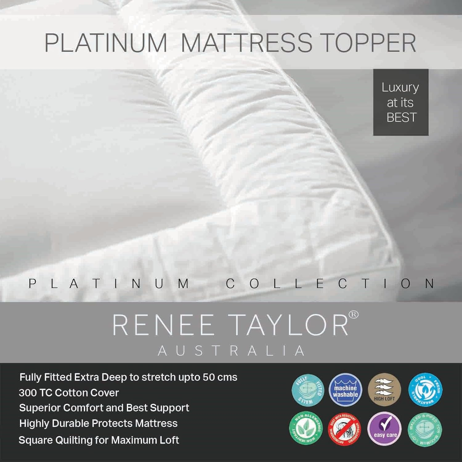 Renee Taylor Platinum 1500GSM High Loft Fully Fitted Mattress Topper, King