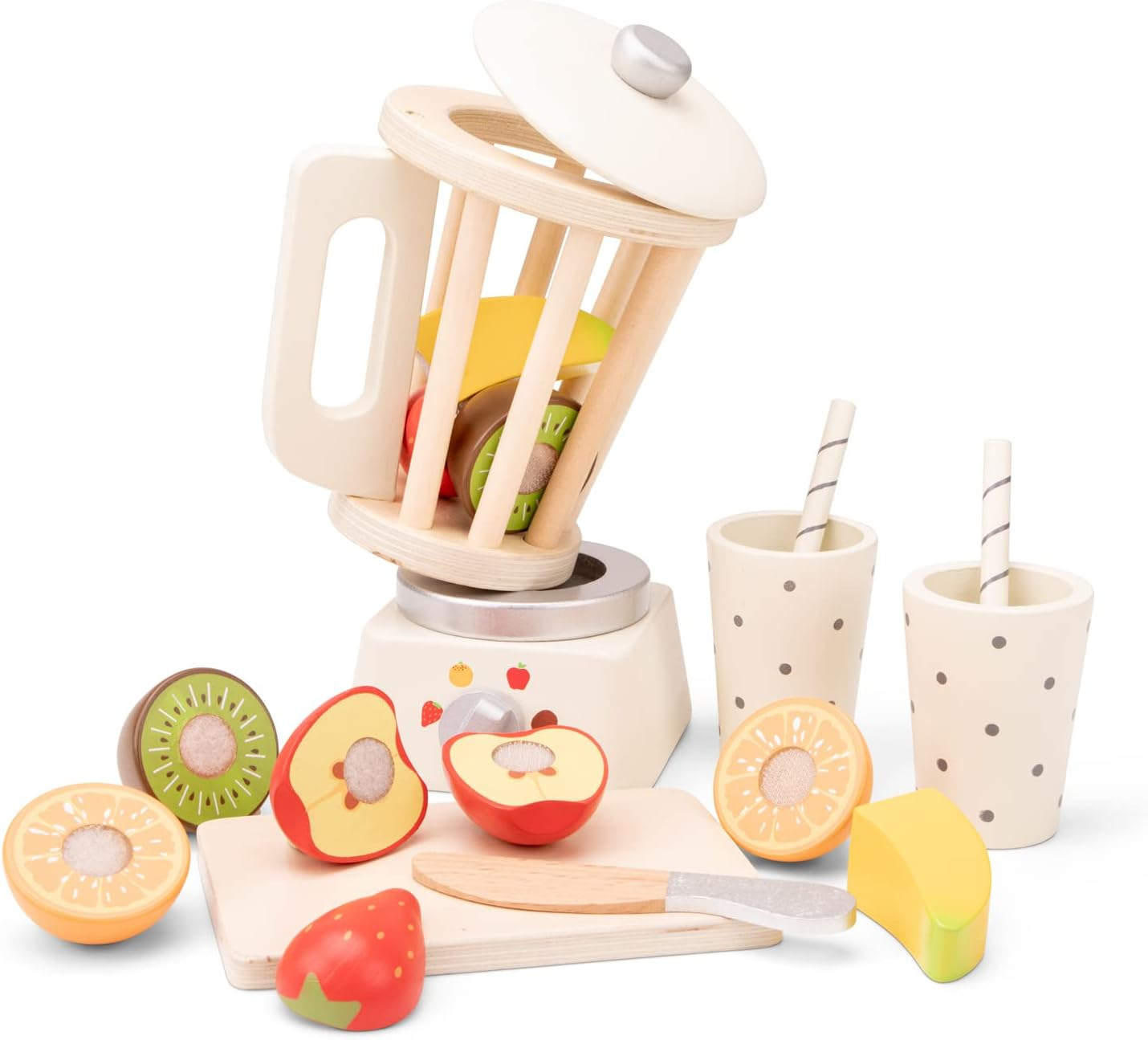 New Classic Toys 10708 Wooden Pretend Play Kids Smoothie Maker Set Cooking Simulation Educational Color Perception Toy for Preschool Age Toddlers Boys Girls, White