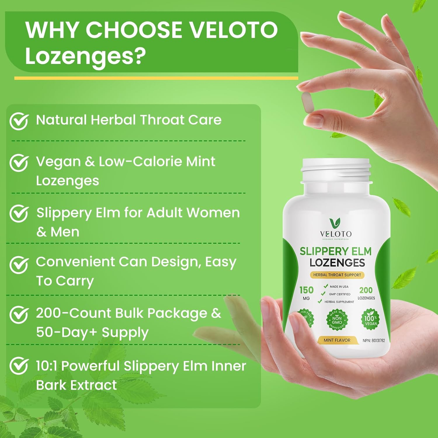 VELOTO Slippery Elm Lozenges, Slippery Elm Throat Soothing Lozenges for Adults, 10:1 Inner Bark Extract Cough Lozenge, Herbal Throat Support, Mint Flavored, Non-Gmo, Vegan, 200 Count image number 5