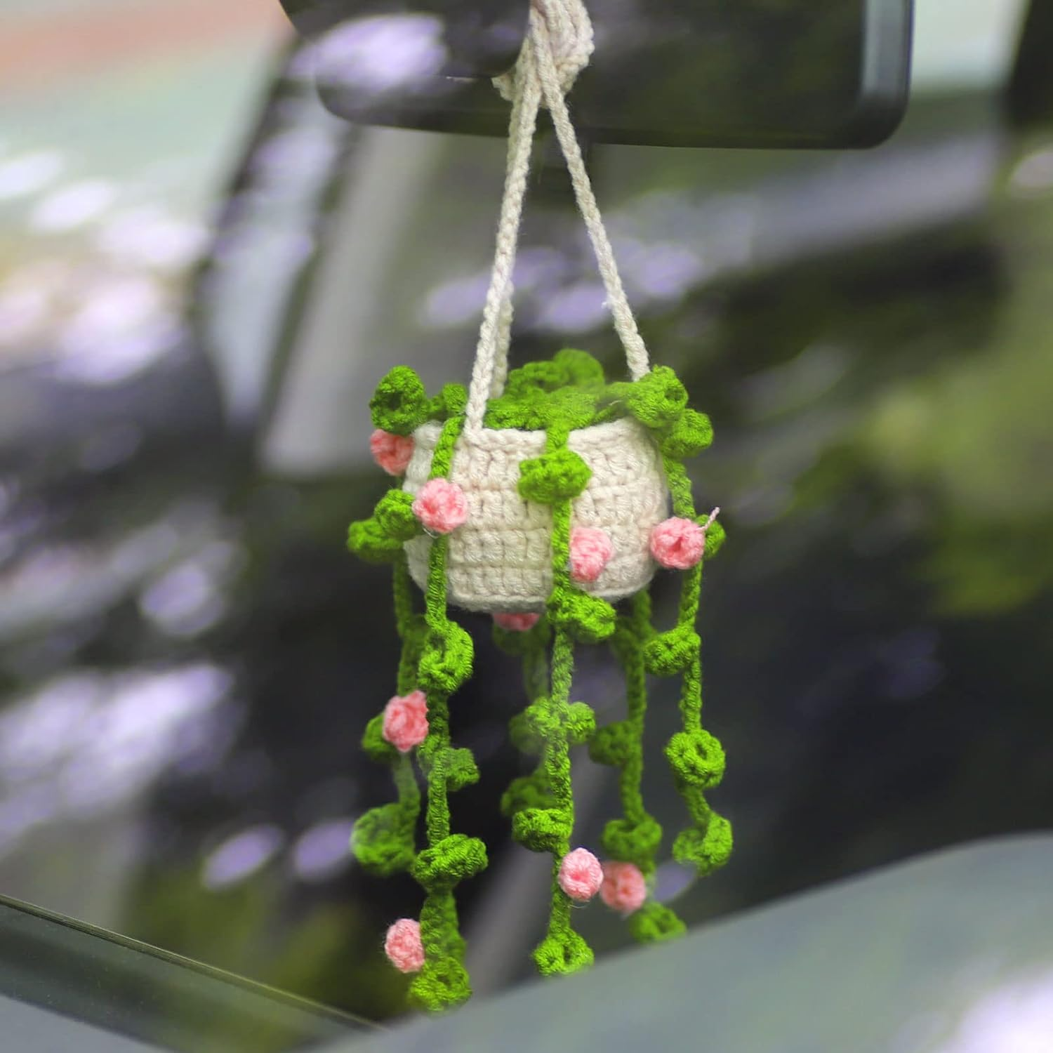 Cute Potted Plants Crochet Car Mirror Hanging Accessories for Women Men - Handmade Knitted Rear View Mirror Interior Aesthetic (Pink Flowers) image number 4