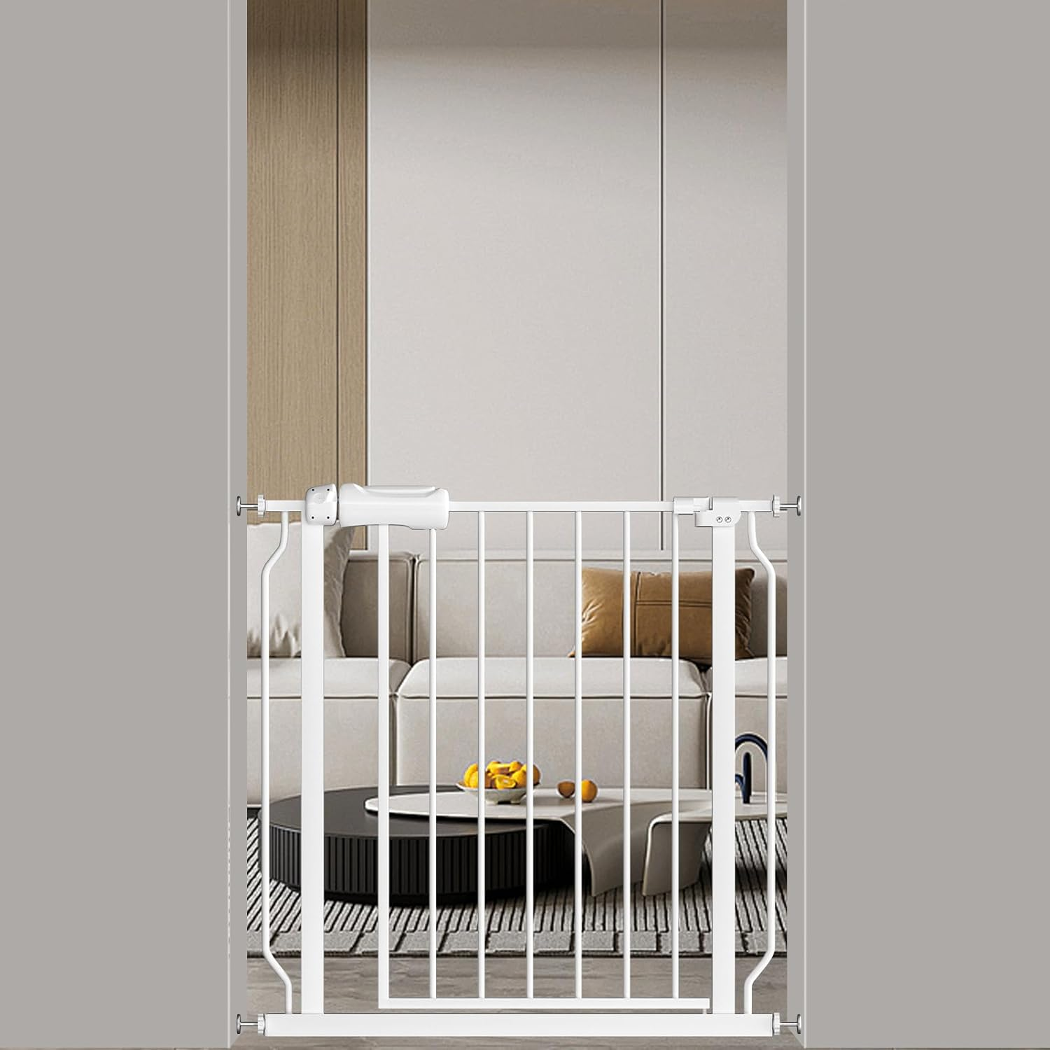 ALLAIBB Extra Wide Baby Gate for Stairs,Walk Thru Pressure Mount Auto Close White Metal Child Dog Pet Safety Doorways,Kitchen, Living Room (29.13-33.85"/74-86Cm) image number 4