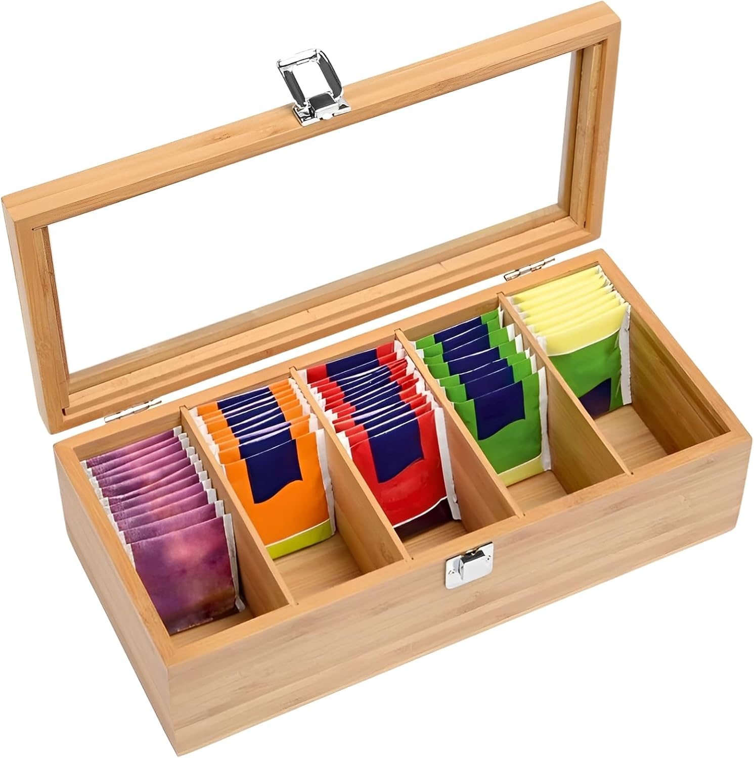 Bamboo Tea Bag Organizer Storage Box 5 Compartments Tea Box Storage Organiser Wooden Teabox with Clear Lid Portable Teabag Holder for Home Countertops Office Collections Sugar Packets image number 6
