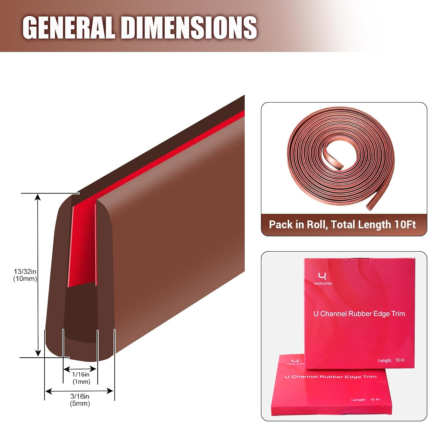 Rubber Edge Trim, Flexible Edge Trim for Sharp Edge, 1/16" U Channel Edge Protector, Self Adhesive Edge Guards for Car Doors and Sheet Metal Parts, 10Ft, Brown Color image number 3