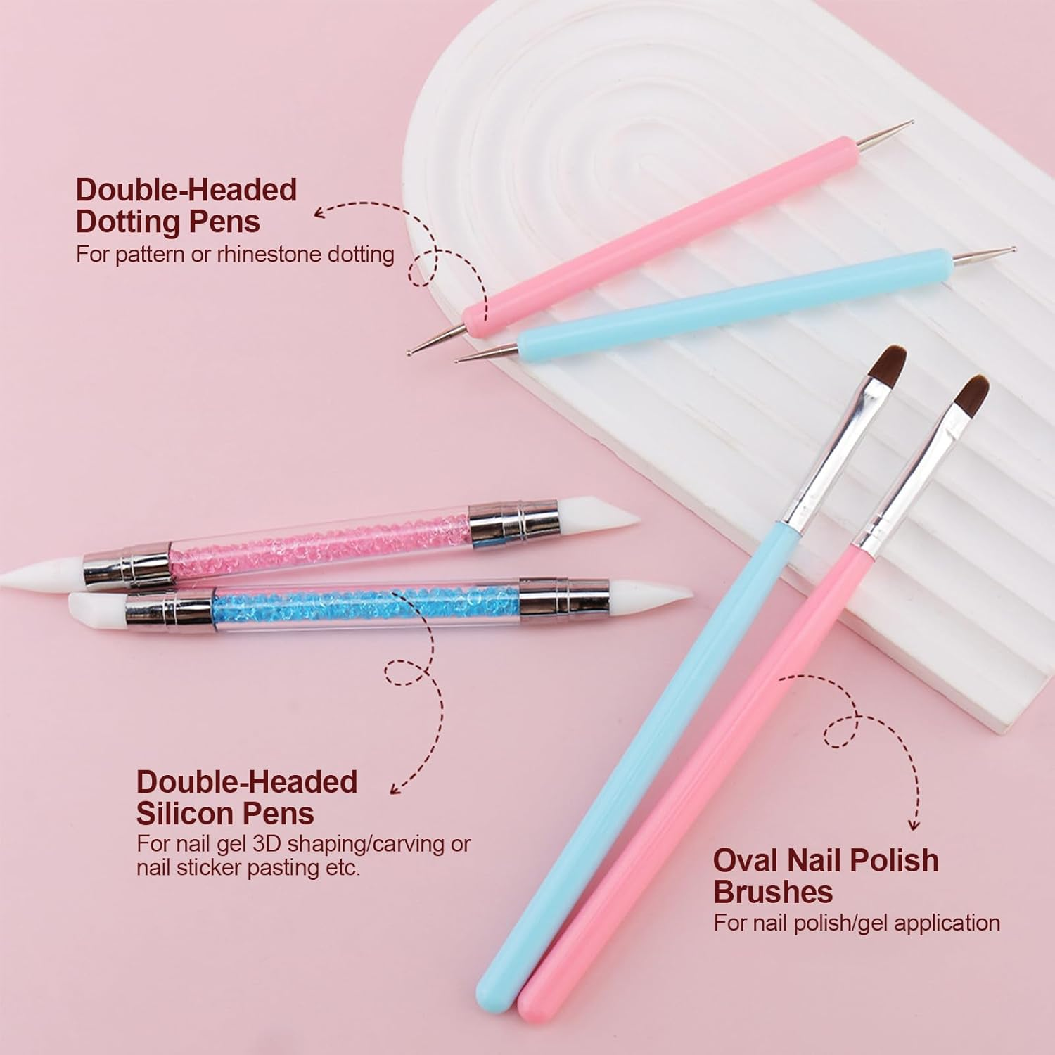 Reayou Nail Art Brushes Set, 6 PCS Nail Art Design Pens Painting Tools, Double-Headed Silicone Brush and Gel Dotting Pen for Manicure Sticker DIY Coloring Nail Extension Cleaning Salon Home image number 1