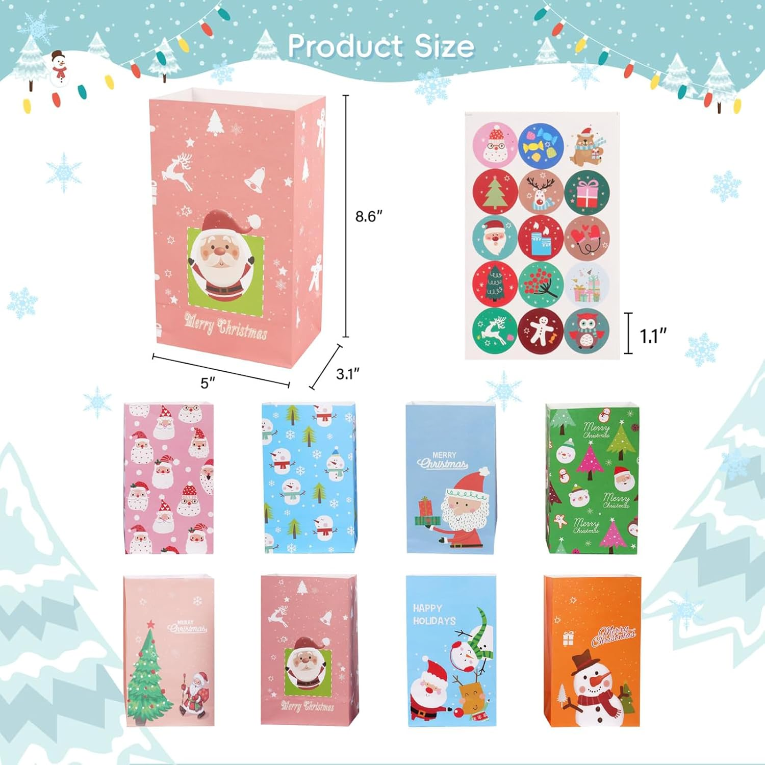 24 Pack Christmas Paper Gift Bags with 30 round Seal Stickers, Paper Party Bags, 9 Inch Christmas Snack Bag for Christmas Party Supplies,Holiday Gifts. image number 3