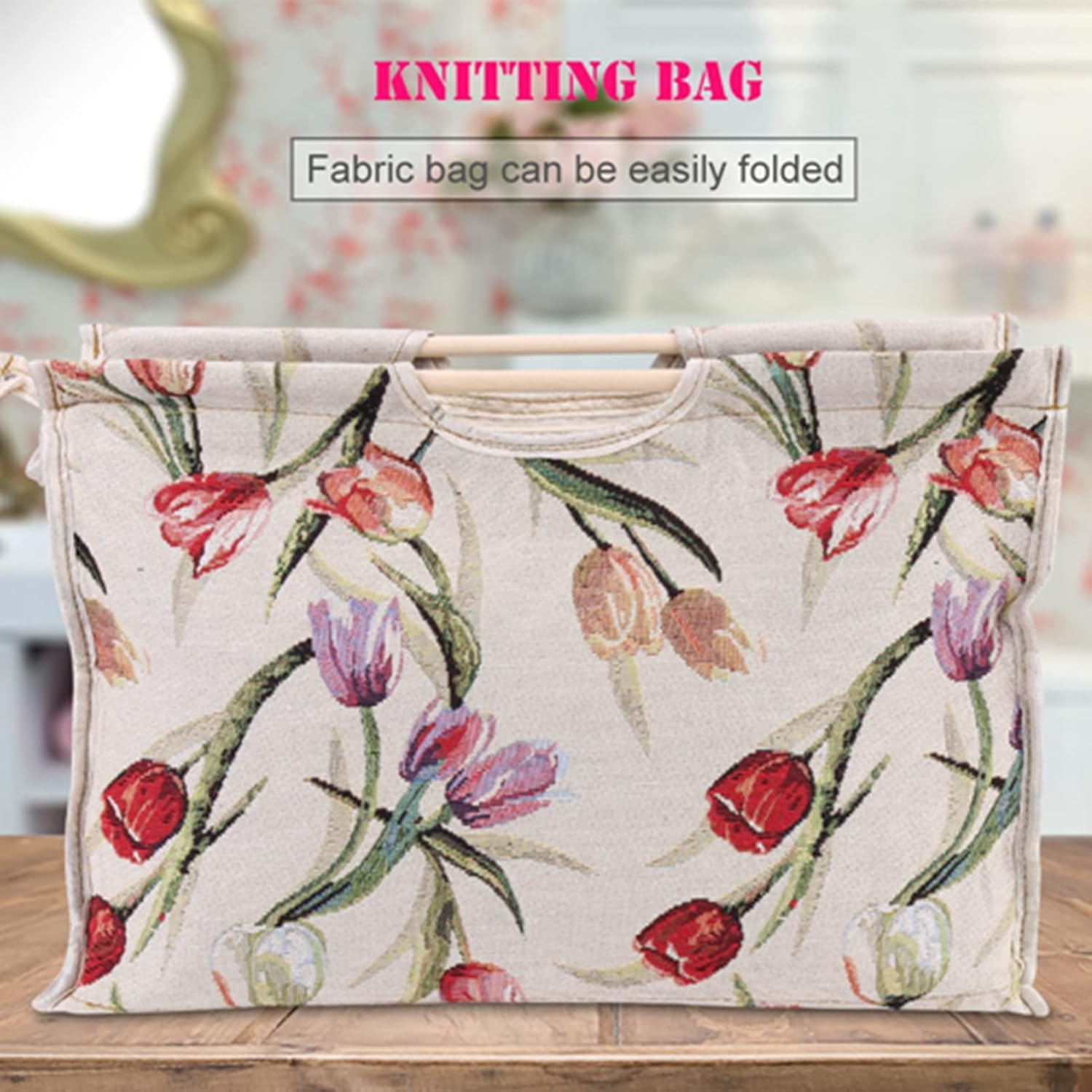 Fabric Storage Bag with Wood Handle, for Knitting Needles & Sewing Tools (Rose Jacquard) image number 5