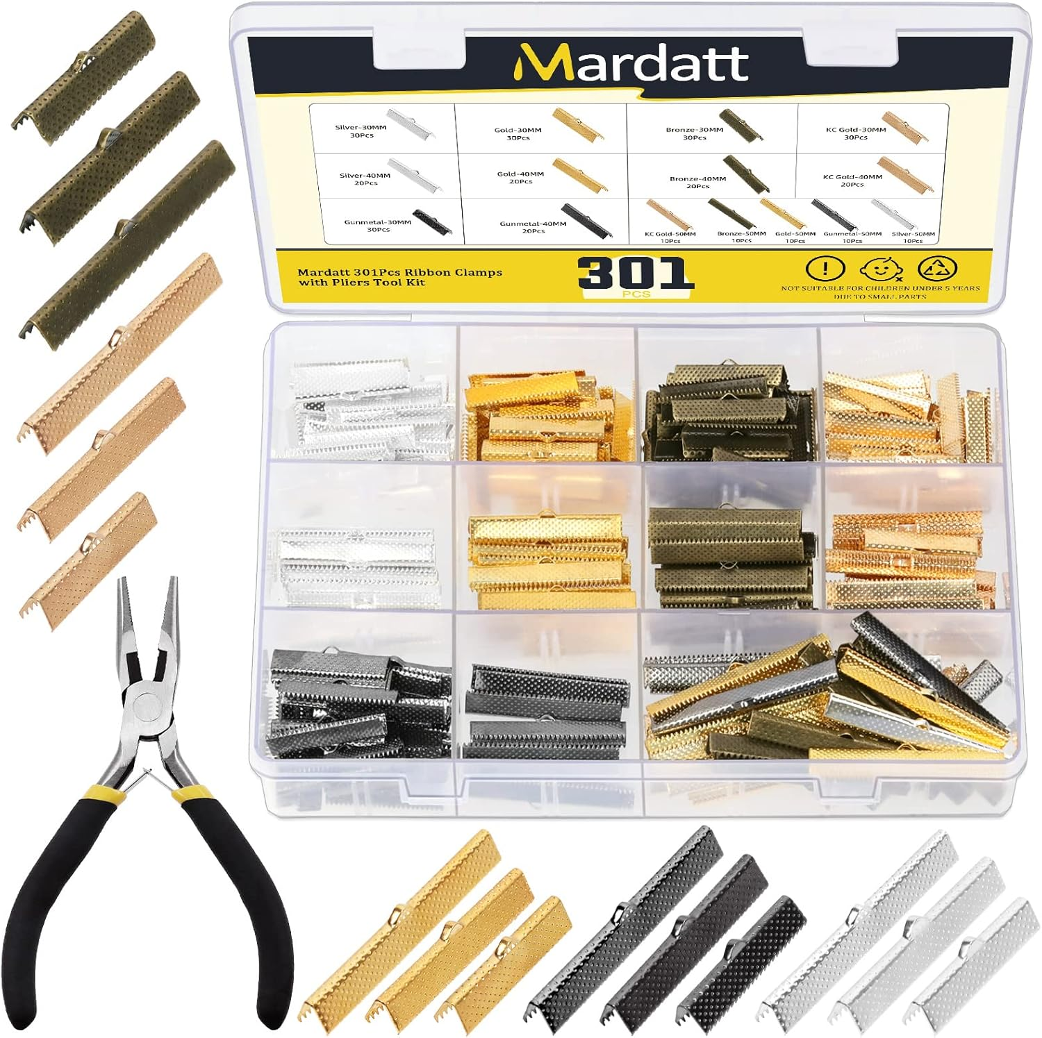 Mardatt 301Pcs 5 Colors Metal Ribbon Clamp Ends Assortment Set with Jewellery Pliers 1.18" 1.5" 1.96" Bracelet Bookmark Bracelet Bookmark Leather Pinch Crimp Clasp Leather Cord End Jewelry Findings image number 1