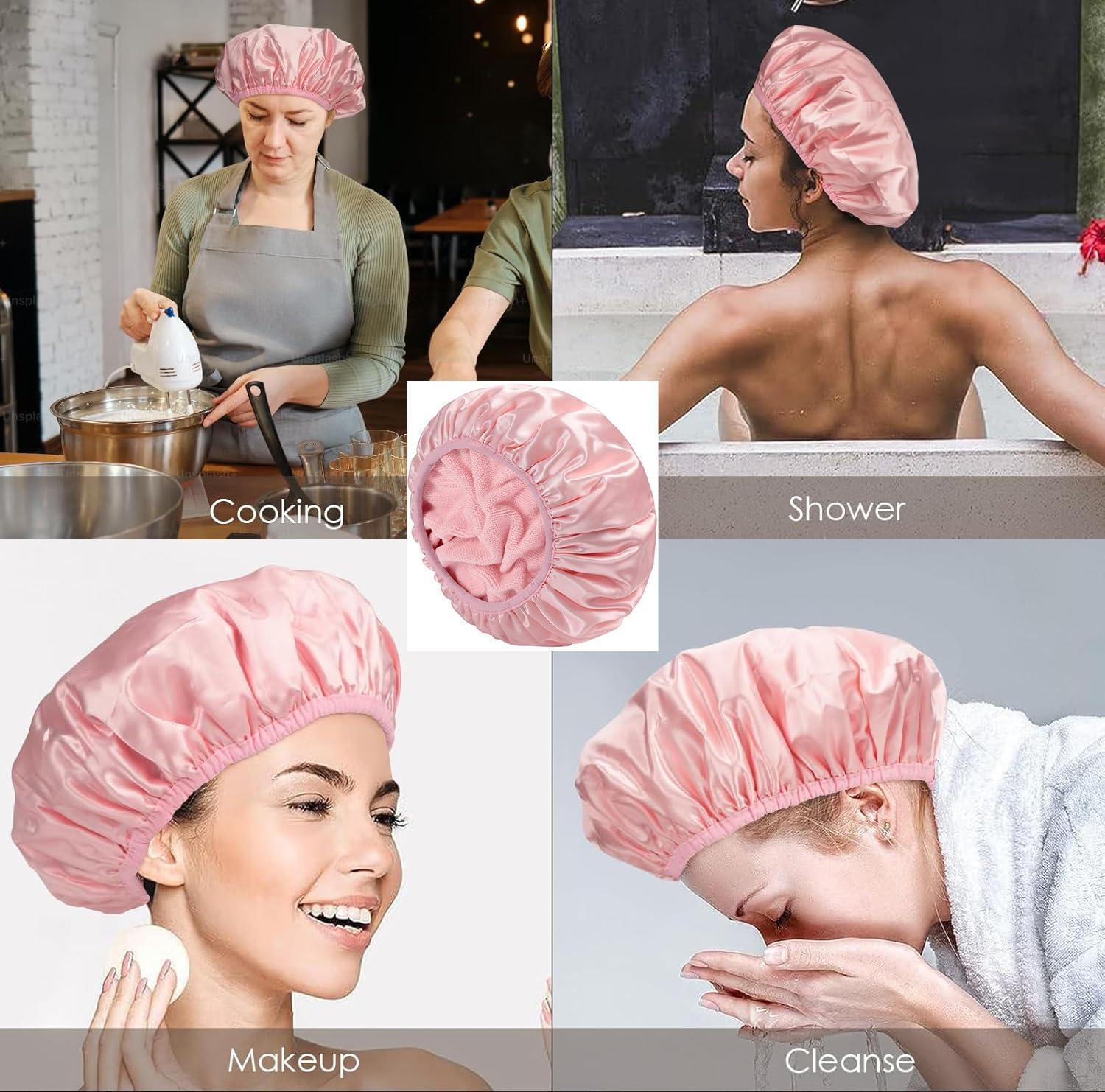 Terry Lined Triple Layer Large Shower Cap for Women - Reusable, Waterproof & Washable - Soft Bath Cap for Long Thick Hair Protection - Pink - Ideal for Hair Care & Styling image number 2