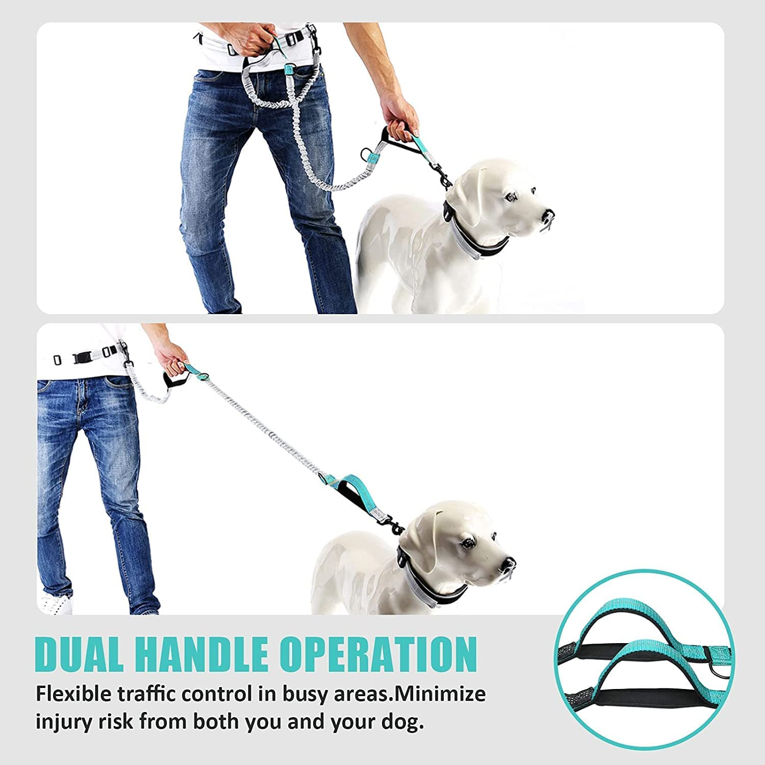 Hands Free Dog Leash, Waist Leash, Adjustable Heavy Duty Leash for Walking, Jogging, Small to Large Dogs, Retractable, Dual Handle and Shock Absorber image number 3