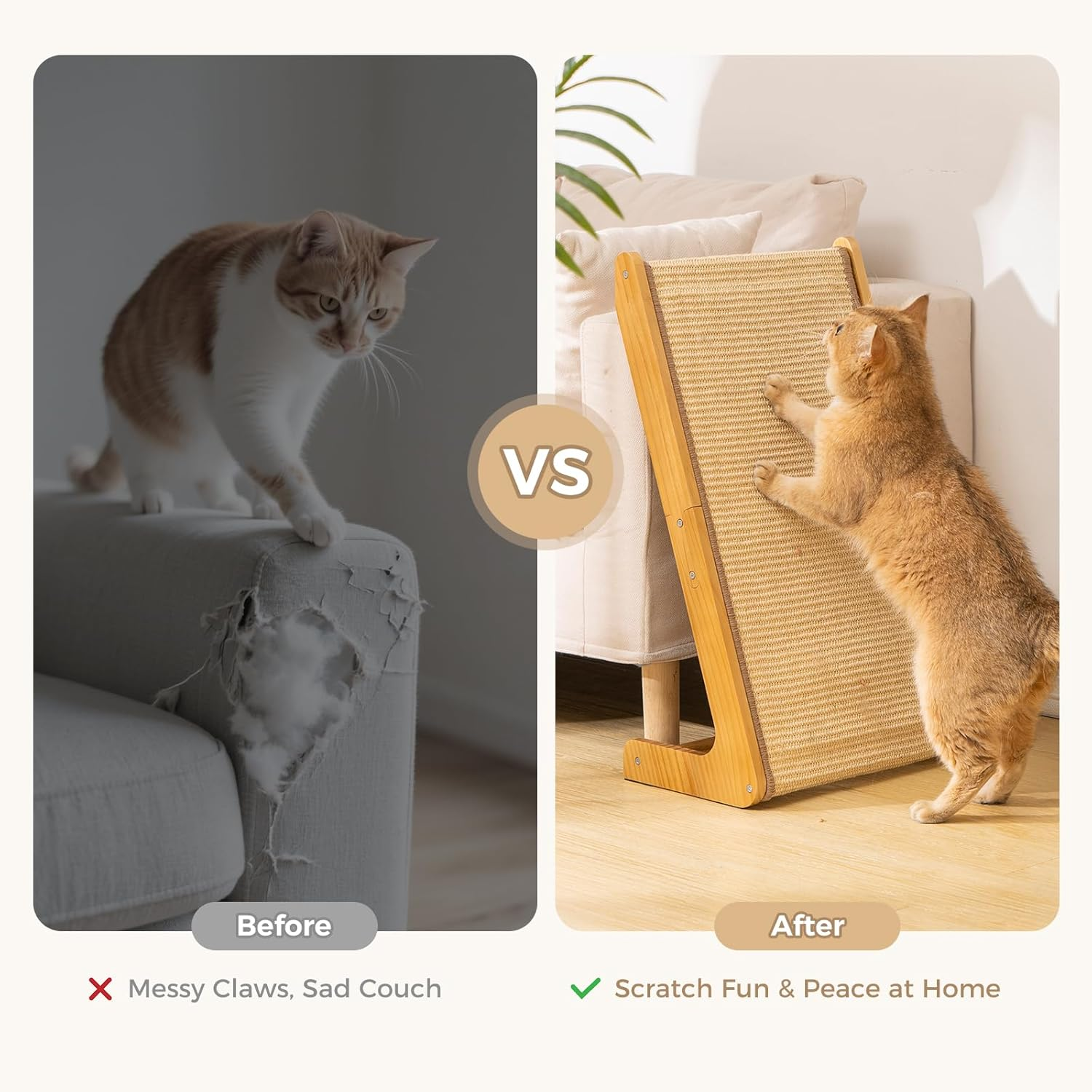 Avont Sisal Cat Scratcher, 24.8 Inch Vertical L-Shaped Large Scratching Board with 110&deg; Angled Ramp for Indoor Cats, Durable and Mess-Free -Nature