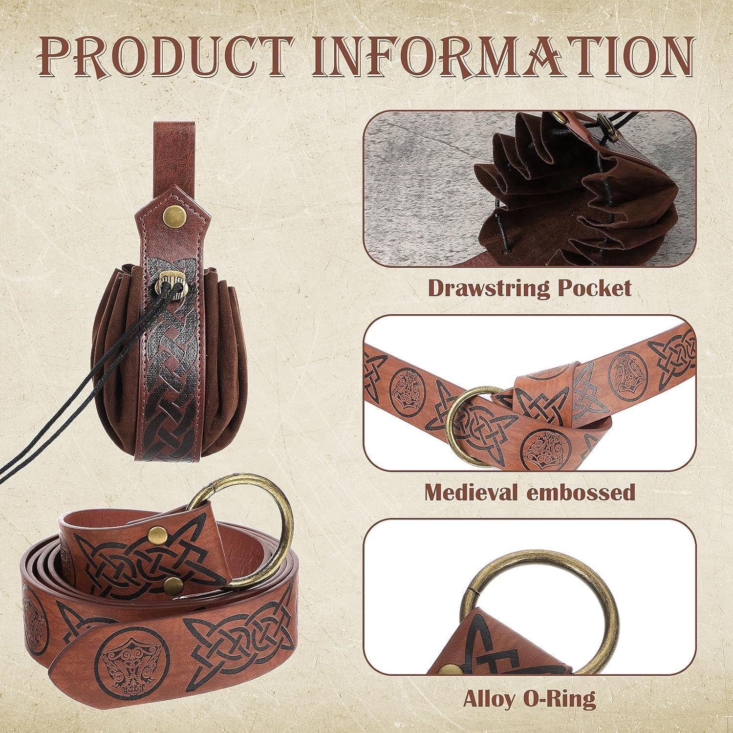 CIATBYYJ 2 Pcs Medieval Viking Belt with Faux Leather Pouch, Vintage Renaissance Belt Pouch Dice Bag, Retro Nordic Belt Pouch, Portable Bag Renaissance Costume Accessories(Brown), Brown, 168Cm/66Inch image number 4