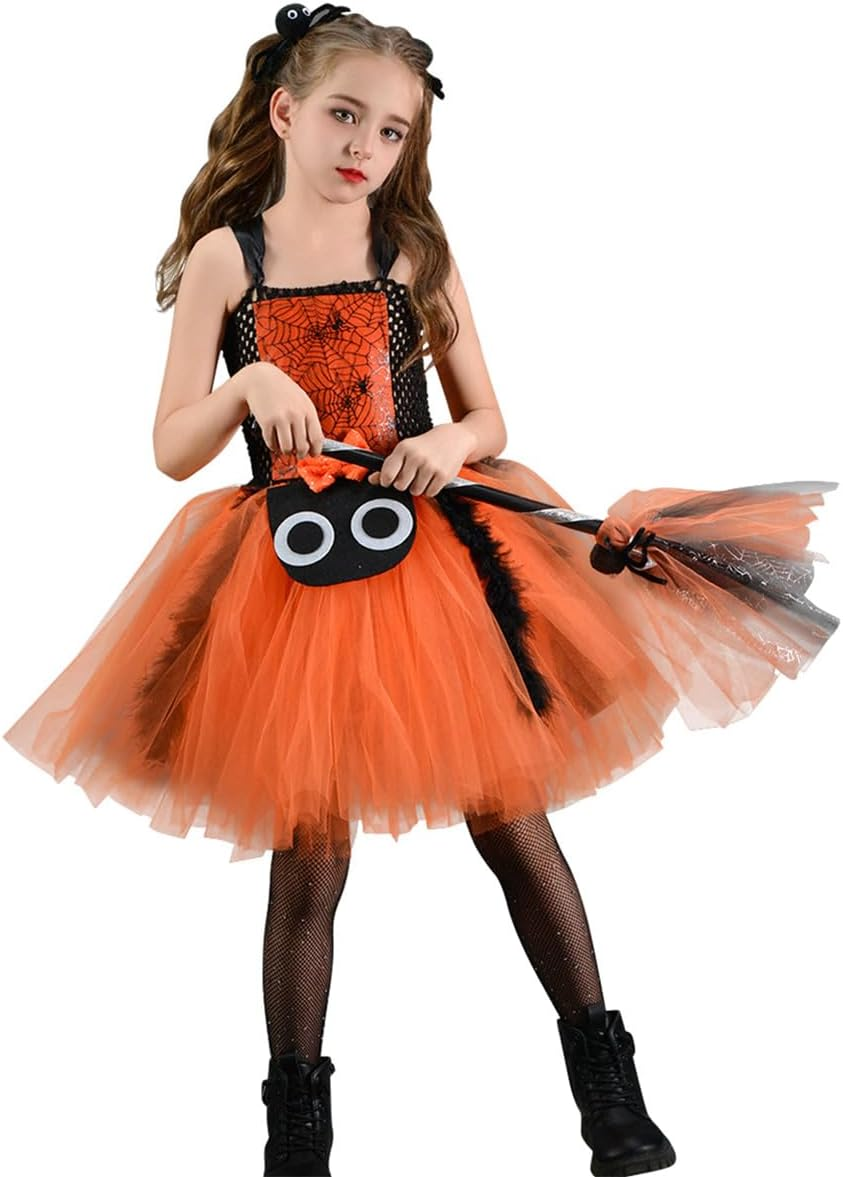 IBAKOM Witch Costume Girls Halloween Costume Children 2-Piece Cosplay Outfit Dress X 1 + Witch Broom X 1 Tulle Dress Wizard Costume Fancy Dress Costume for Carnival Cosplay Party Festival Orange 10-12 image number 3
