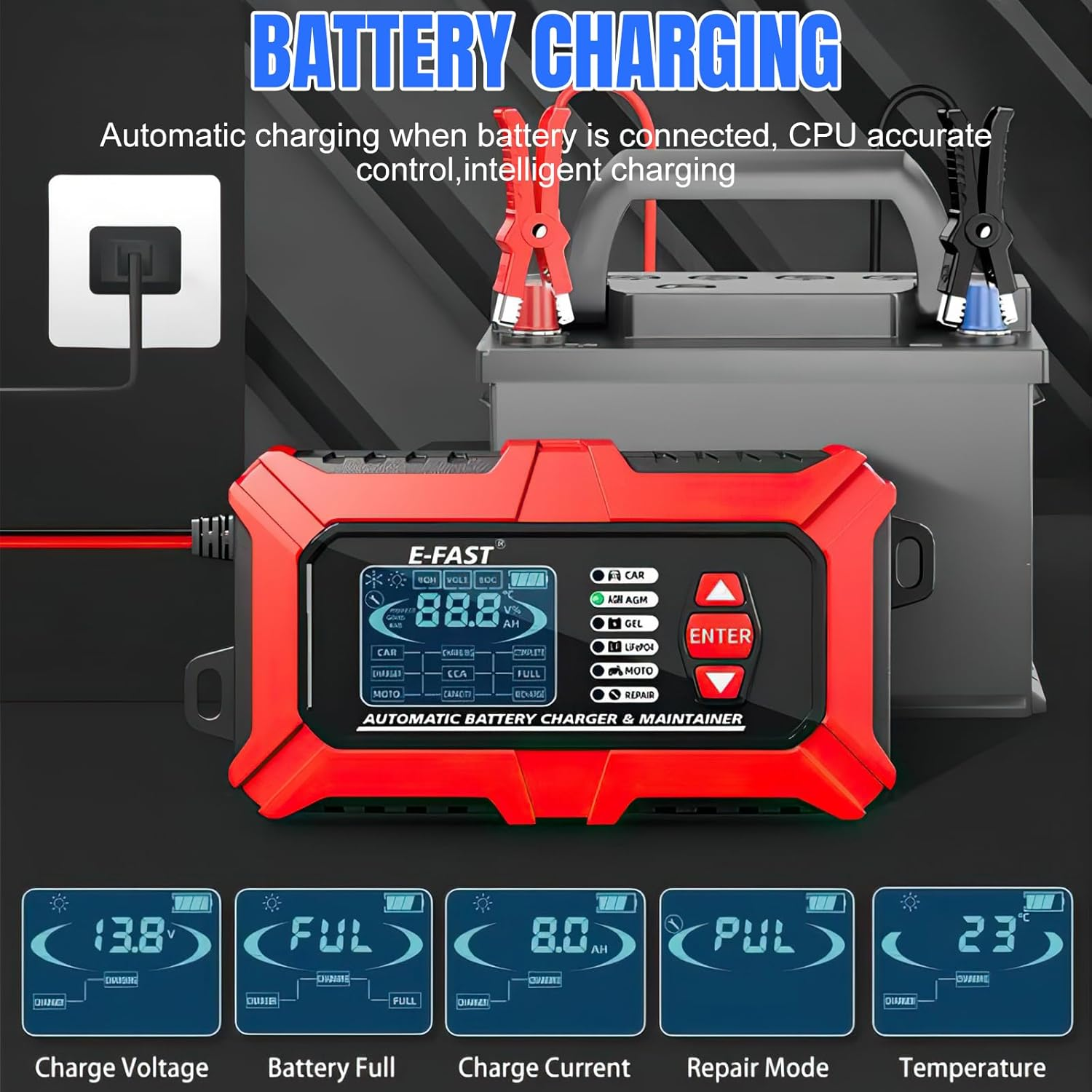 B-Qtech 12V/6A Smart Automatic Battery Charger with Tester/Maintainer Function, LCD Display for Car, Truck, Motorcycle, Lawn Mower, Boat, RV, SUV, ATV image number 6