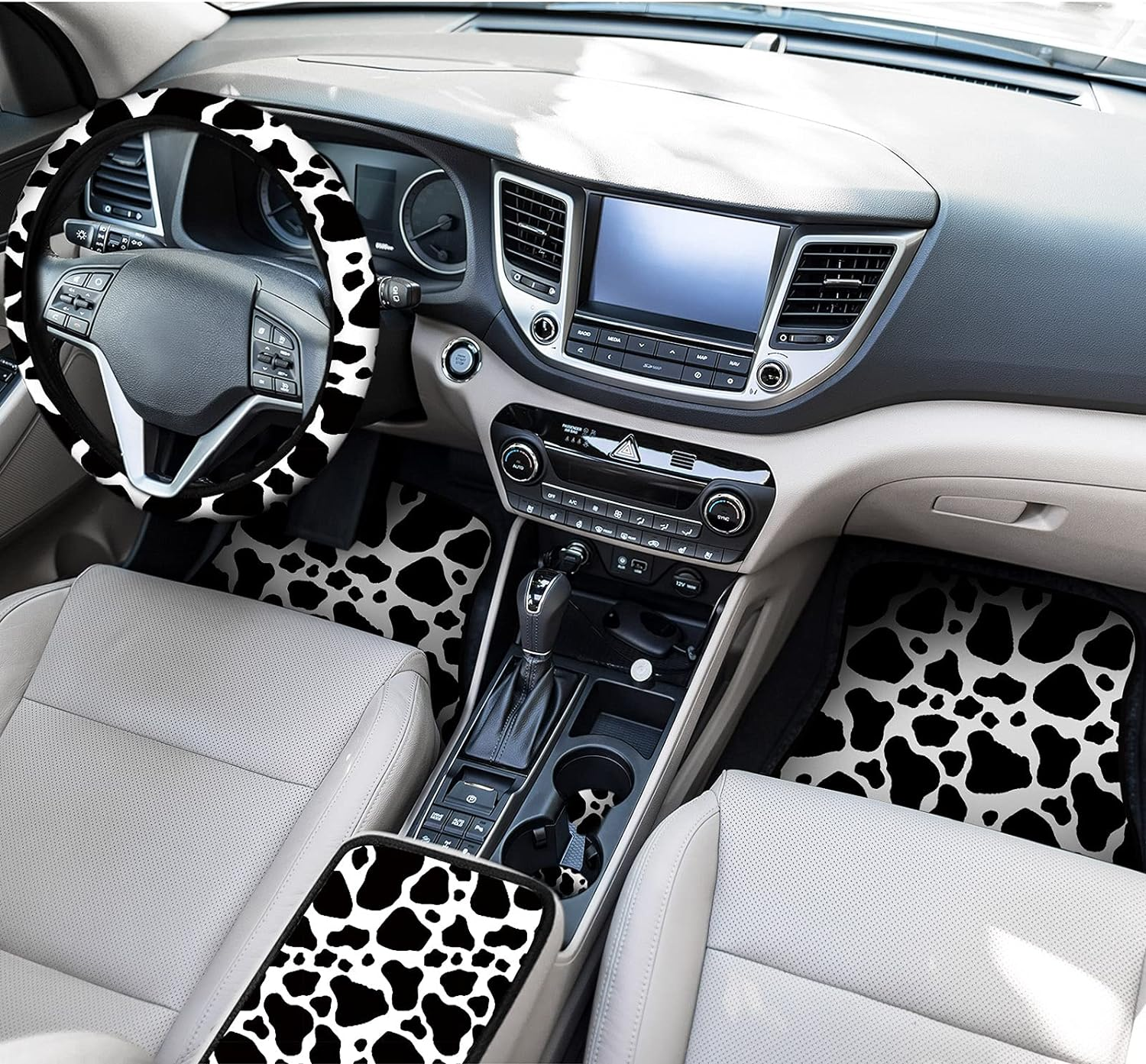 19 Pieces Cow Print Car Accessories Set for Women Man Cow Car Steering Wheel Cover Cow Print Seat Cover Seat Belt Pads Car Floor Mats Car Cup Holders Car Armrest Pad for Women Men Cars image number 5