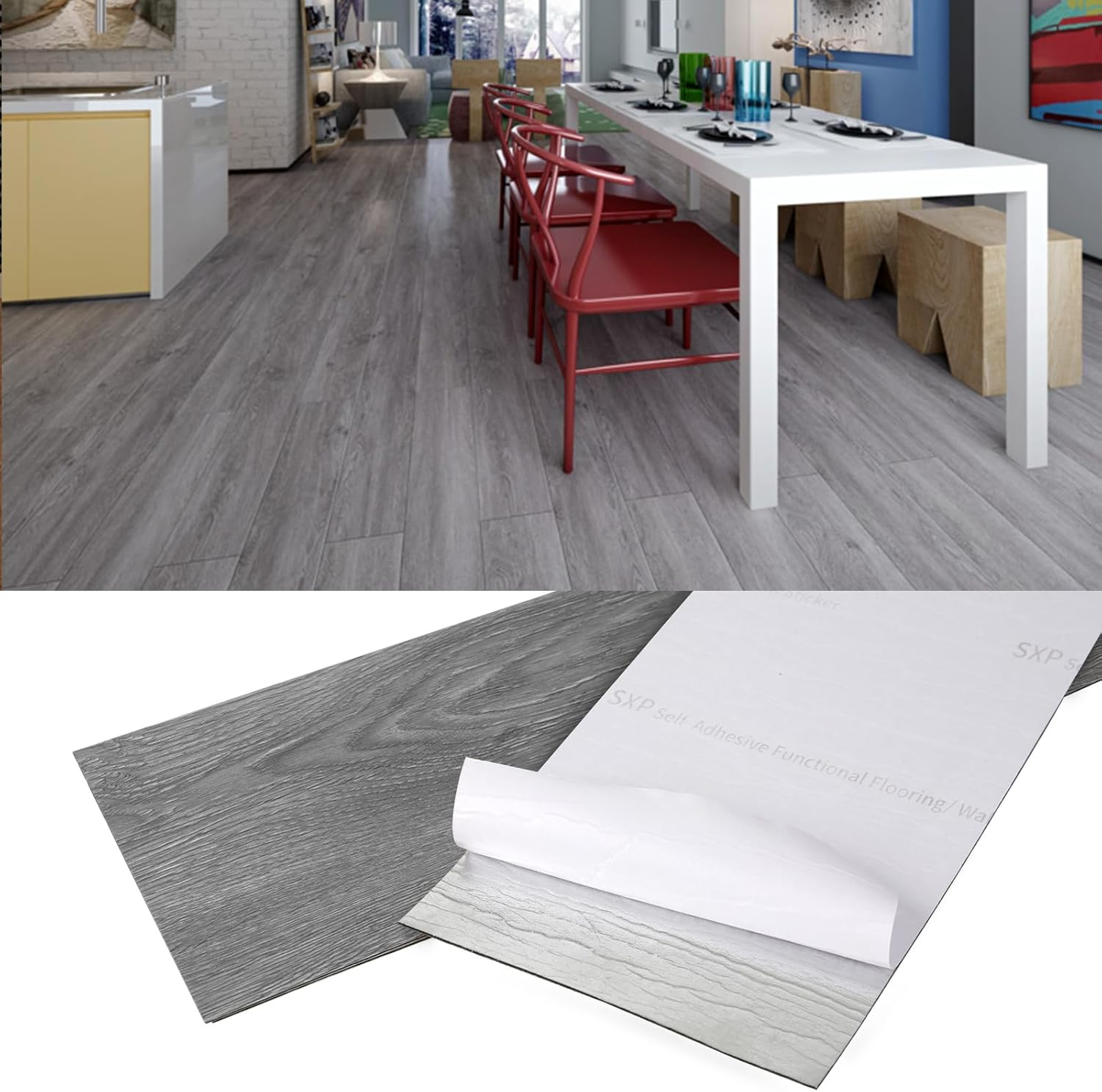 Wood Grain Floor Tiles, 15PCS 91 X 15Cm Waterproof Peel and Stick Vinyl Flooring, Flame Retardant Wear Resistant Floor Stickers for Home (Grey) image number 1