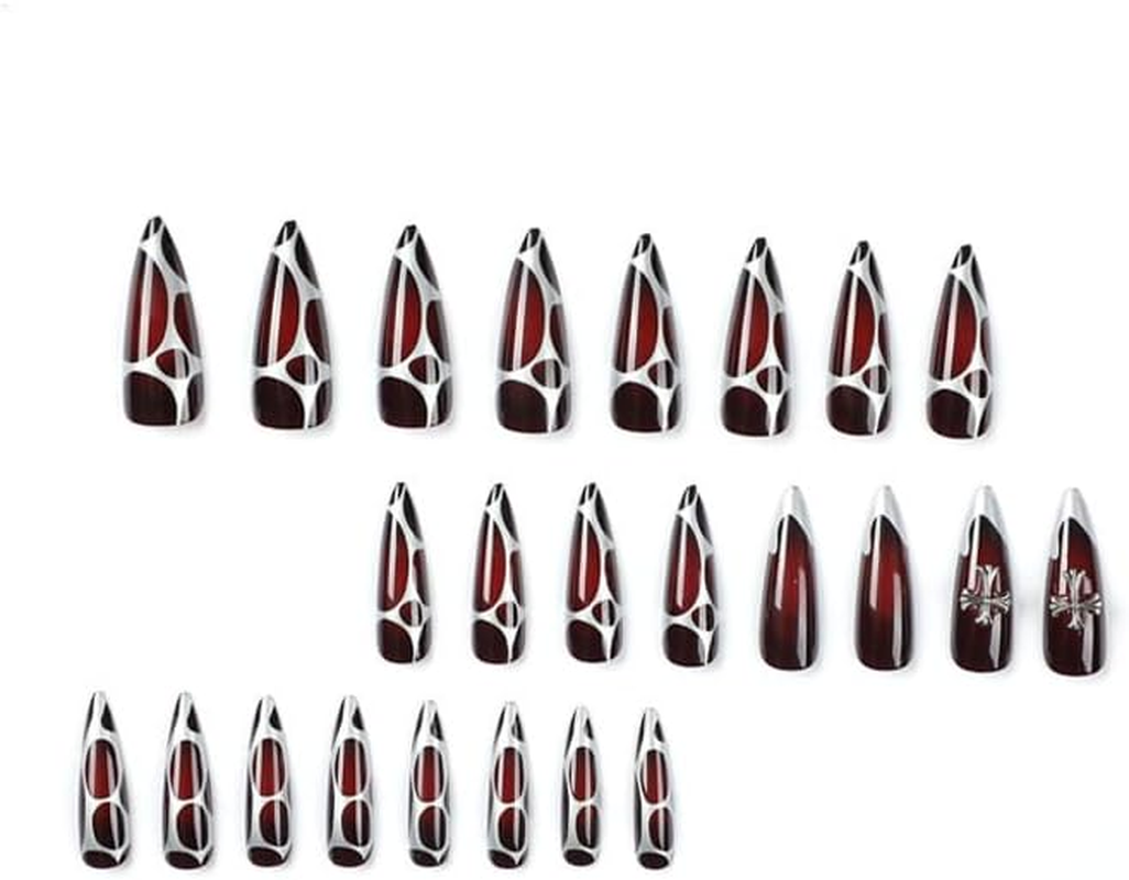 Mouyouglow Press on Nails Extremely Long, Stiletto Halloween Black Red Silver French 3D Cross Charms Gothic Fake Nails with Nail Glue, Black Red Silver Wavy Artificial Fingernails image number 5