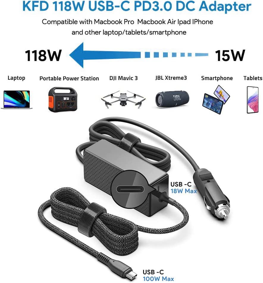 KFD 118W 100W 18W USB-C Laptop Charger Car Cigarette Lighter DC Adapter for Nintendo Switch 2, HP Dell Macbook Pro Air LG Razer Blade Stealth 13 MSI Lenovo Samsung PD3.0 QC3.0 Type C DC 12V-24V image number 3