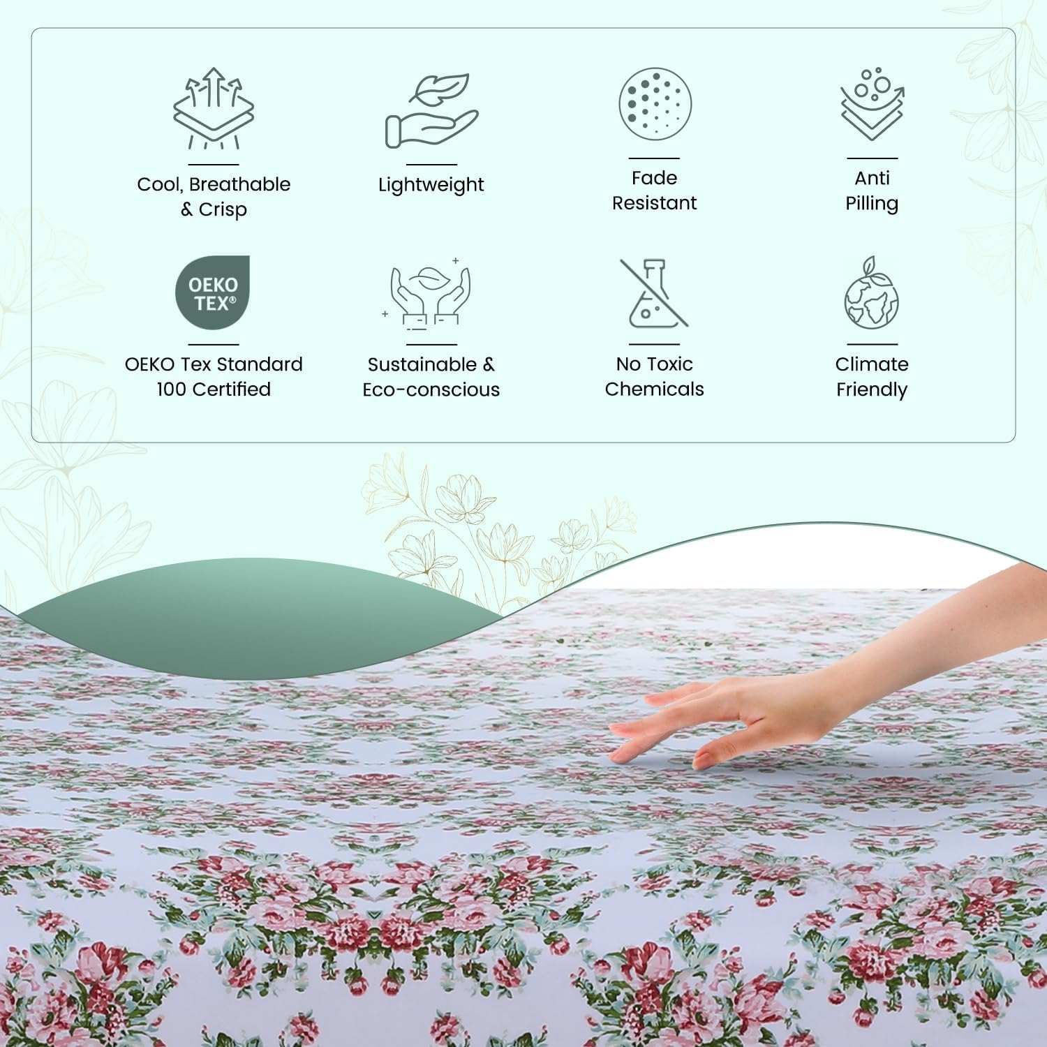 Feather & Stitch Softest 100% Cotton Sheets, 300 Thread Count Percale Weave Bedding, 16" Deep Pocket, Cooling Sheets, Breathable Bed Set, Hotel Premium Quality (Queen, Floral) image number 3