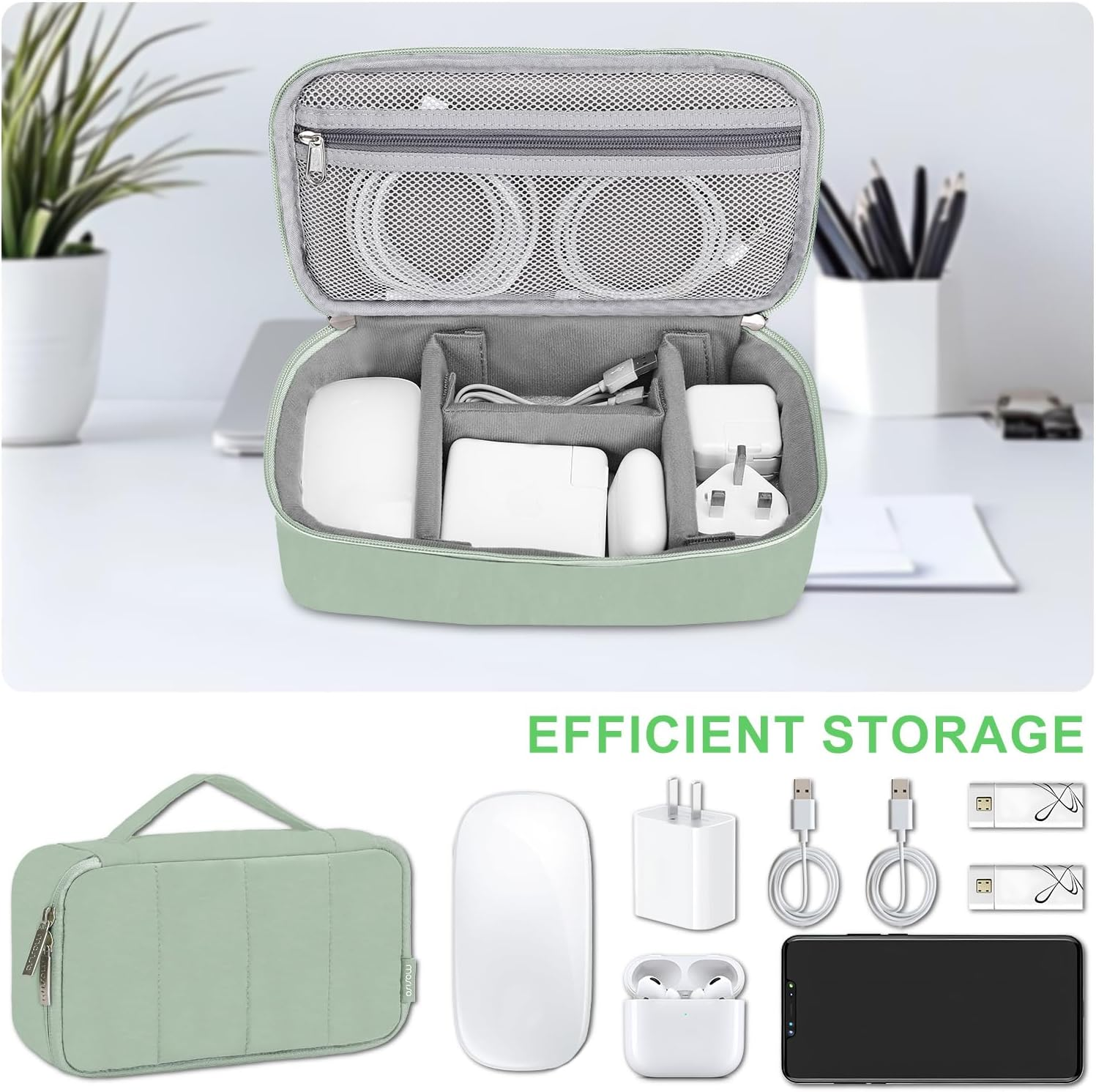 MOSISO Electronic Organizer Travel Case, Puffy Electronic Accessories Carry Case for Cable, Charger, Phone, Earphone, Mouse and Other Accessories, Portable Storage Bag with Handle, Antique Green