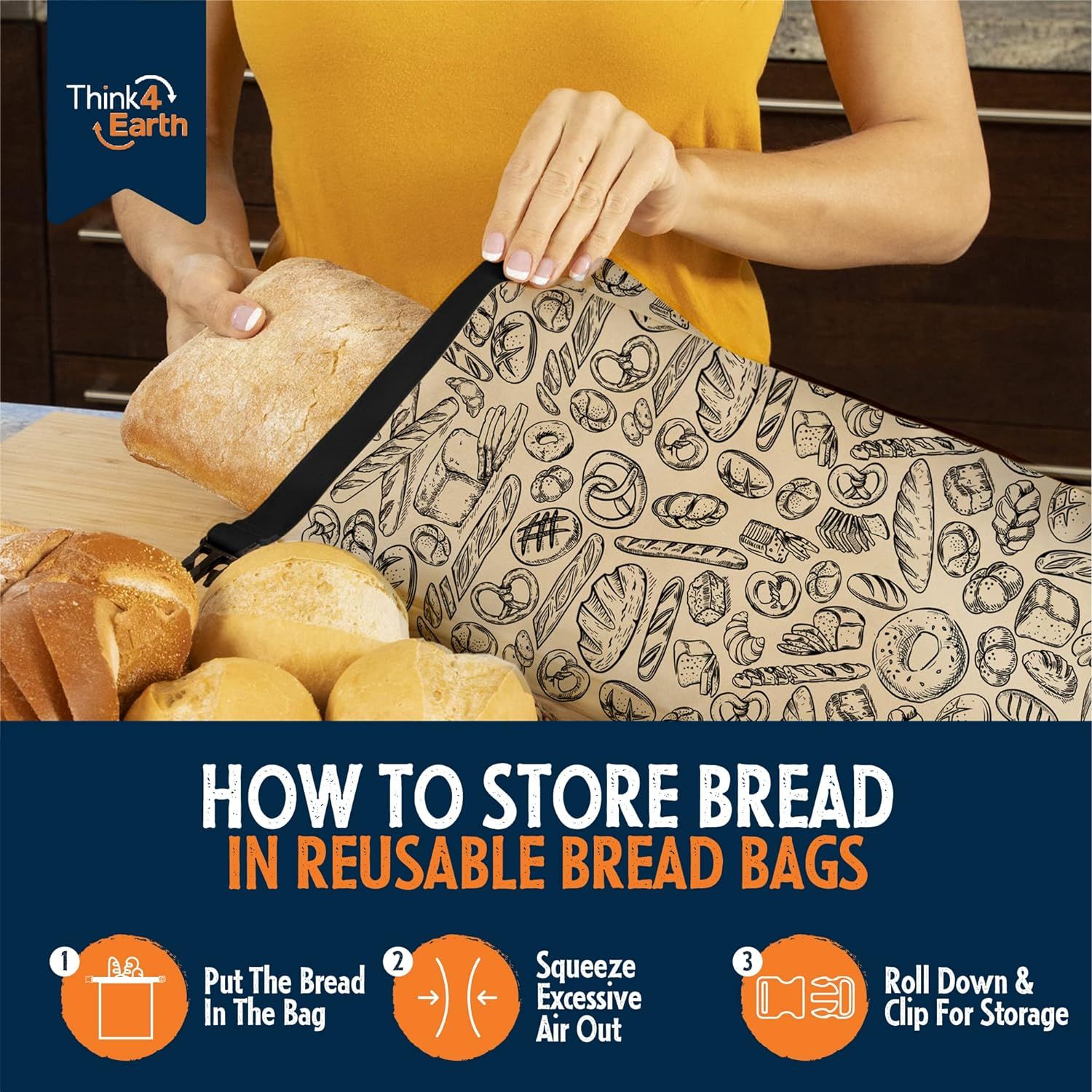 THINK4EARTH - 2 Pack Bread Bags, Reusable Food Storage Bags for Homemade Bread Loaf, Freezer Bread Storage with Double Lining. (Brown)