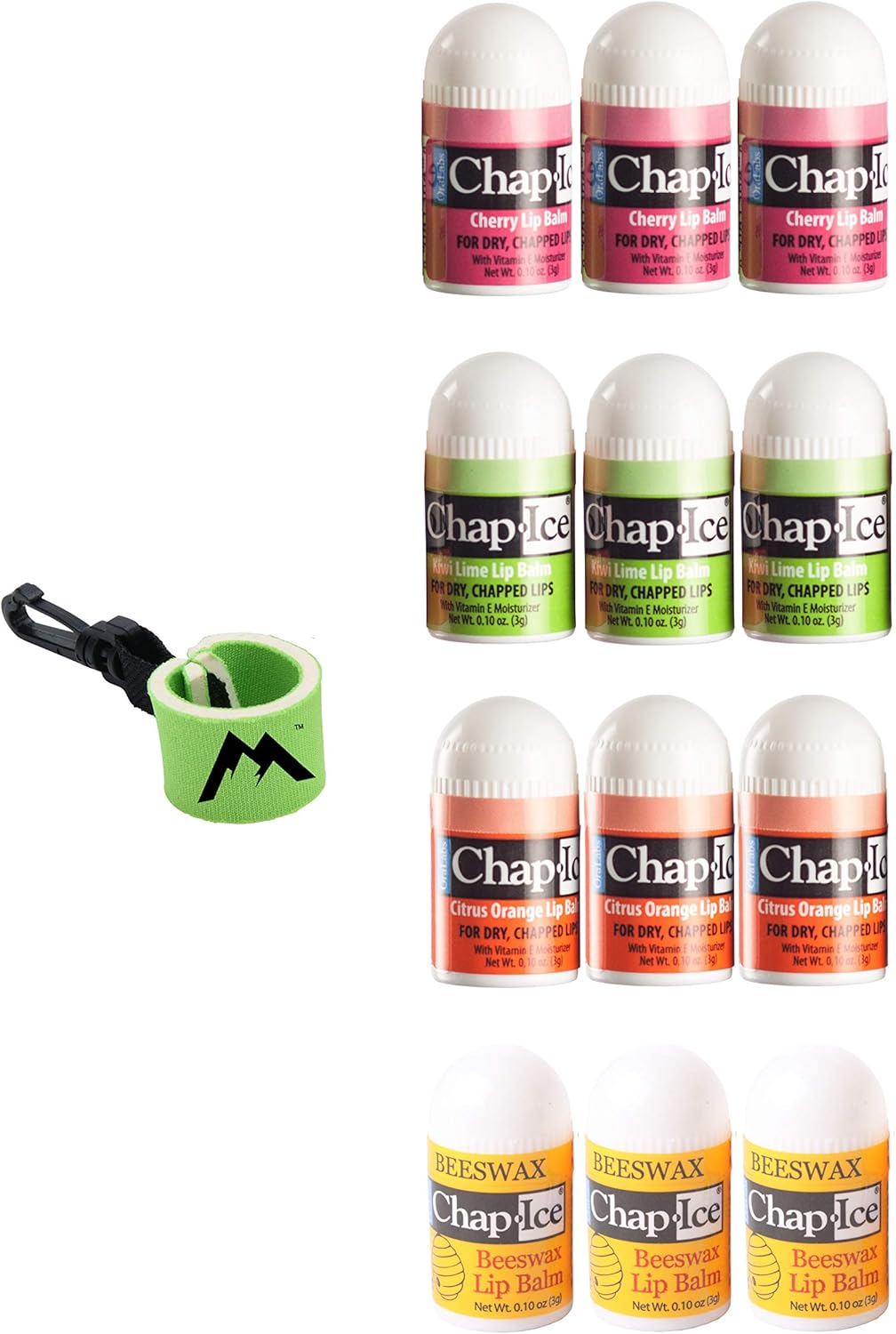 Chap-Ice&reg; | 12-Count Assorted Mini Lip Balm Pack & 1 Lip Balm Keychain with Swivel Clip | Made in USA | 4 Flavors - Cherry, Citrus Orange, Kiwi Lime, & Beeswax (0.10Oz/3G Each) image number 4