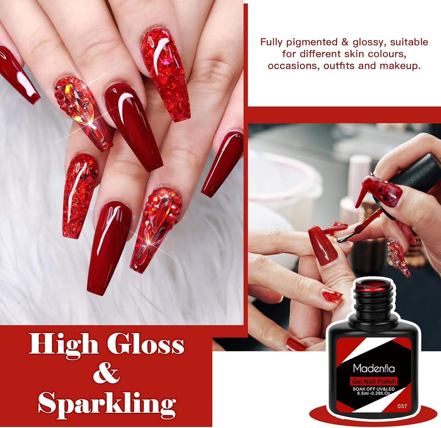 Madenia Gel Nail Polish Set: 6 Colours Red Burgundy Glitter Nail Polish Set Soak off UV/LED, Quick Drying Nail Varnish Nail Art DIY Manicure Salon & Home for Women, 8.5ML - Black image number 4