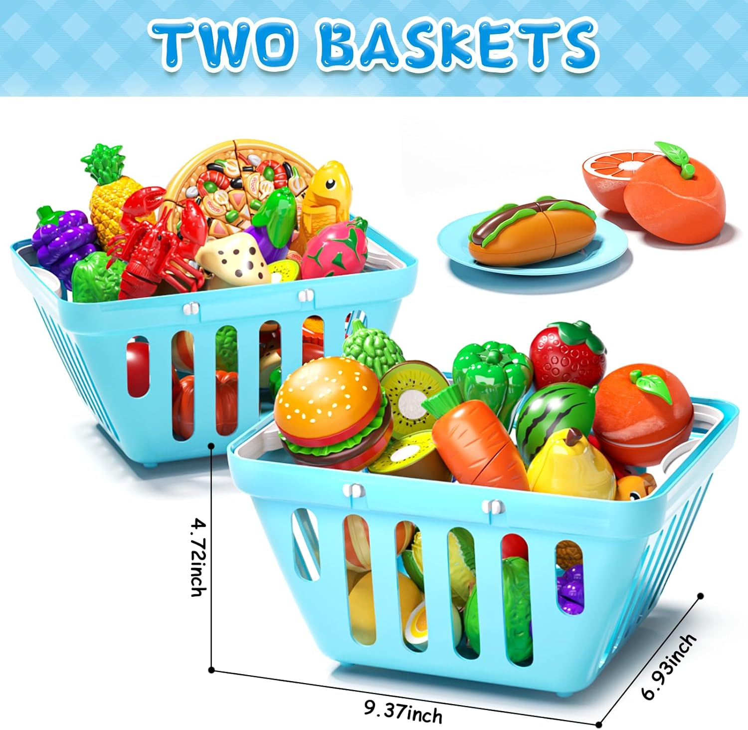 Cutting Play Food for Kids,105Pcs Pretend Play Kitchen Toys,Fake Food/Fruits/Vegetables Set,Play Kitchen Accessories with 2 Blaskets for Kids Boys Girls 3 4 5 6 image number 3